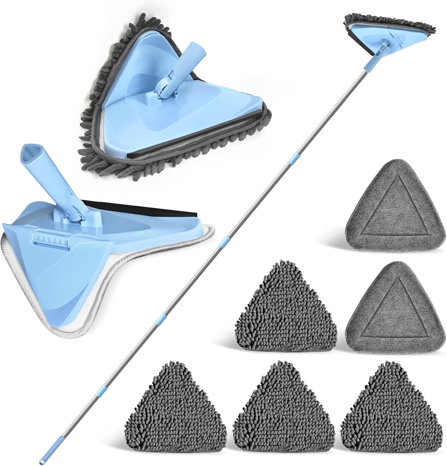 NEWE Wall Mop Cleaner with 202 Cm Long Handle, 180&deg; Folding Ceiling Cleaning Tool with Squeegee, Triangle Baseboard Scrubber with 4 Chenille Duster and 2 Microfiber Pads for Washing Painted Walls