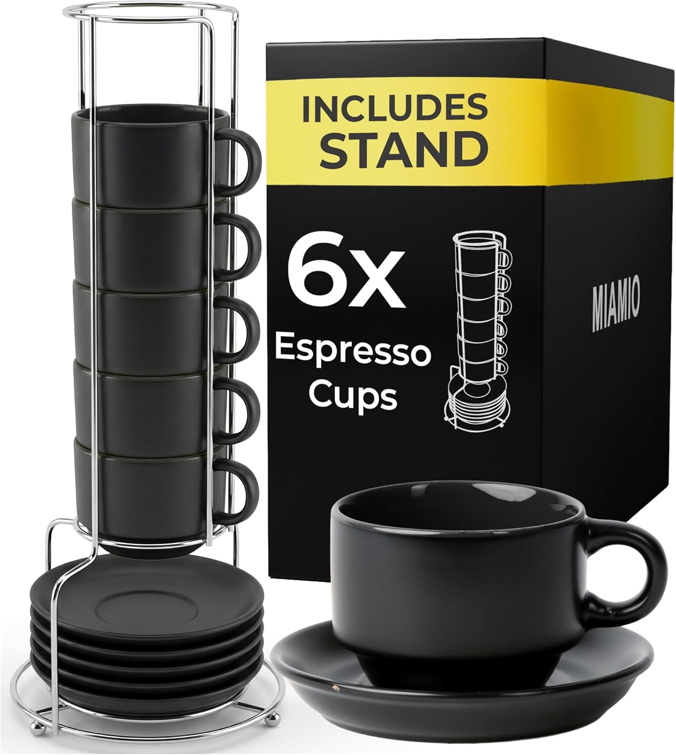 MIAMIO - 75 Ml Espresso Cup Set with Saucers Coffee Mug Set of 6 - Ceramic Coffee Mug Stackable Espresso Mug with Stand for Coffee Drinks, Latte, Cafe Mocha - Le Papillon Collection (Colorful)