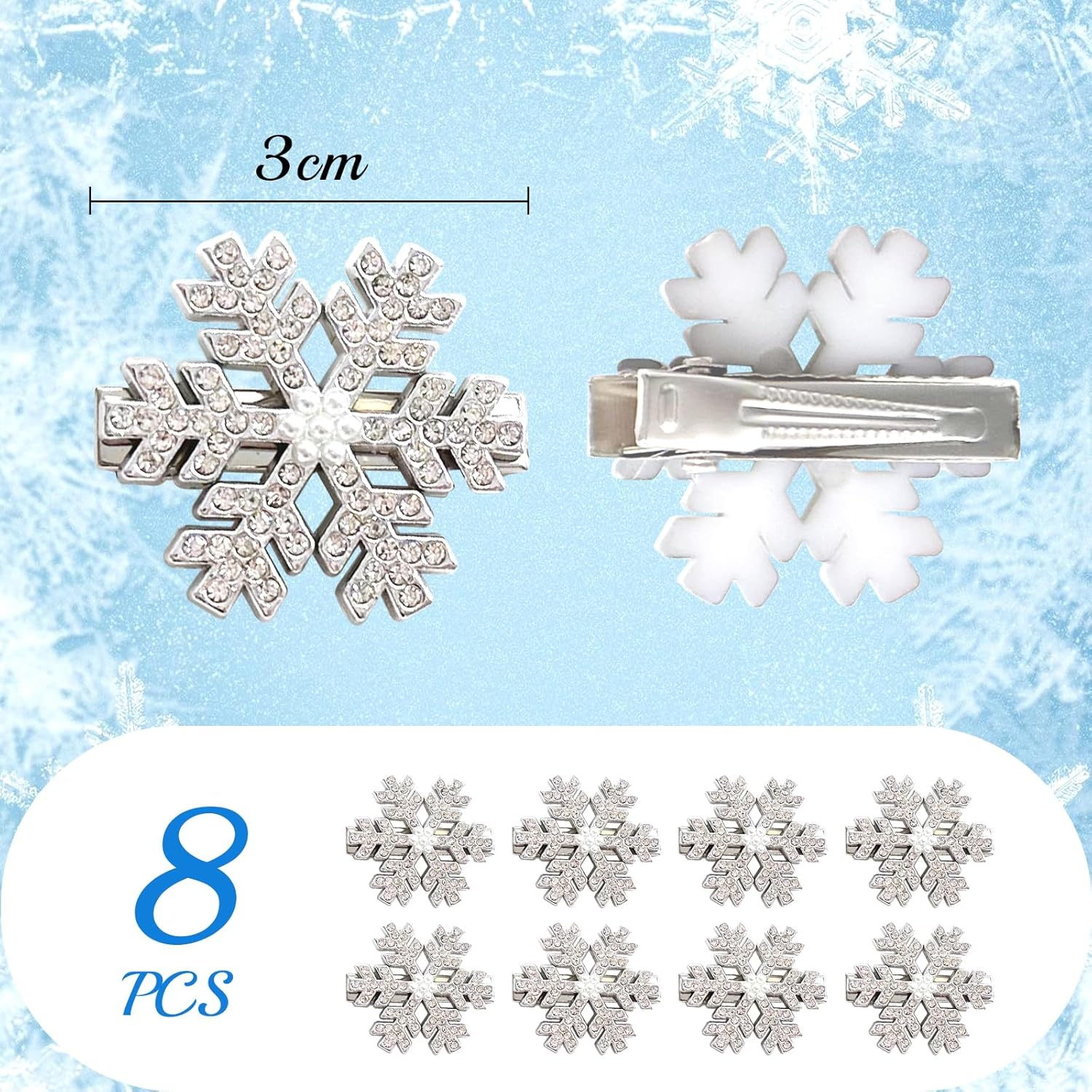 BUOKSLLY Pack of 8 Glittering Snowflake Hair Pins with Rhinestones, Christmas Hair Accessories with Rhinestones, Hair Clip Silver, Decoration for Women and Girls (Silver) image number 3