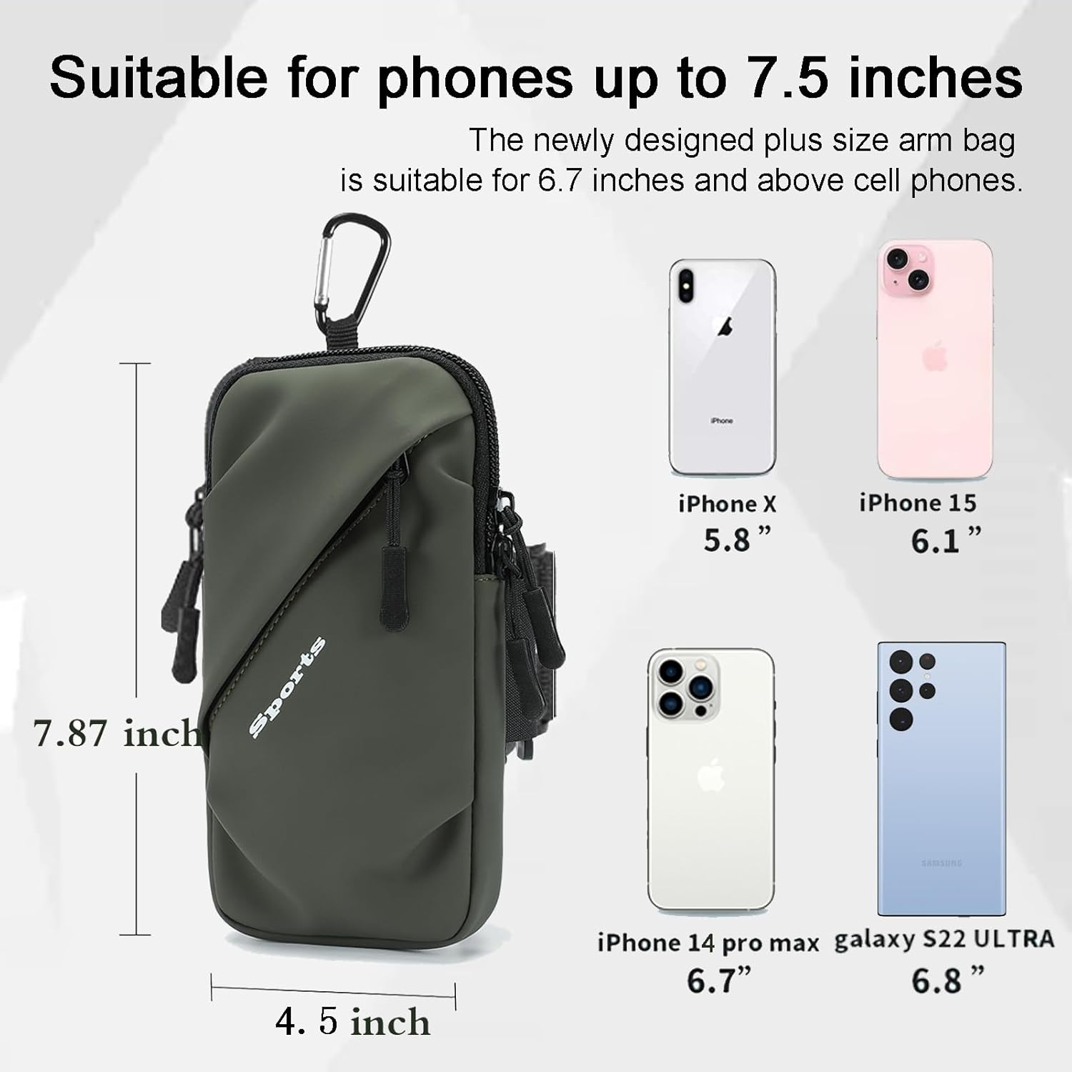 Phone Holder Arm Bands, Small Crossbody Shoulder Holsters Bag with Arm Band, Fits Iphone and All Cell Phones, Use for Running, Walking, Hiking & Biking (Plus Size Army Green) - Black image number 5