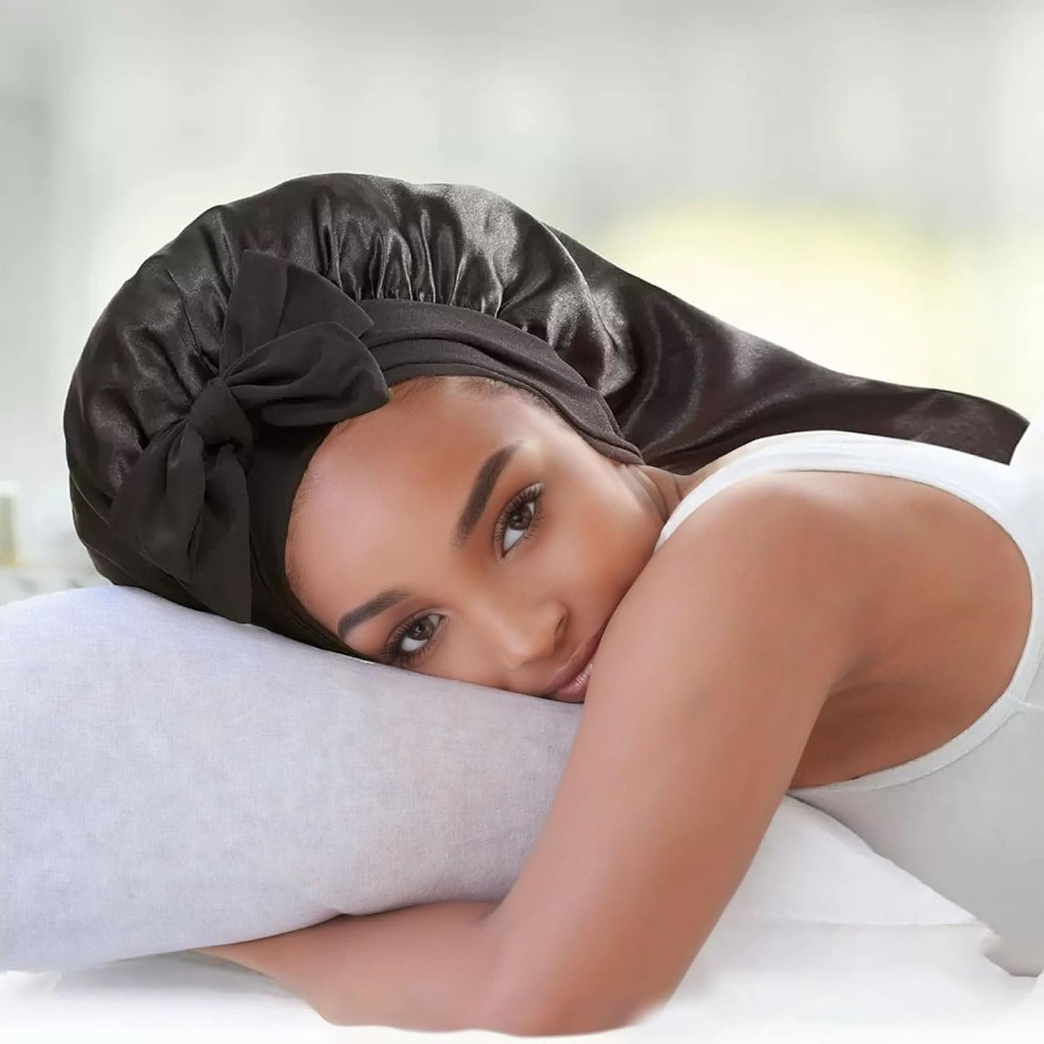 Xolixorium Braid Bonnet Extra Long - Satin Silk Bonnet for Sleeping with Tie Band, Foldable Hair Wrap for Braids & Natural Hair Sleep Cap (Black) image number 2