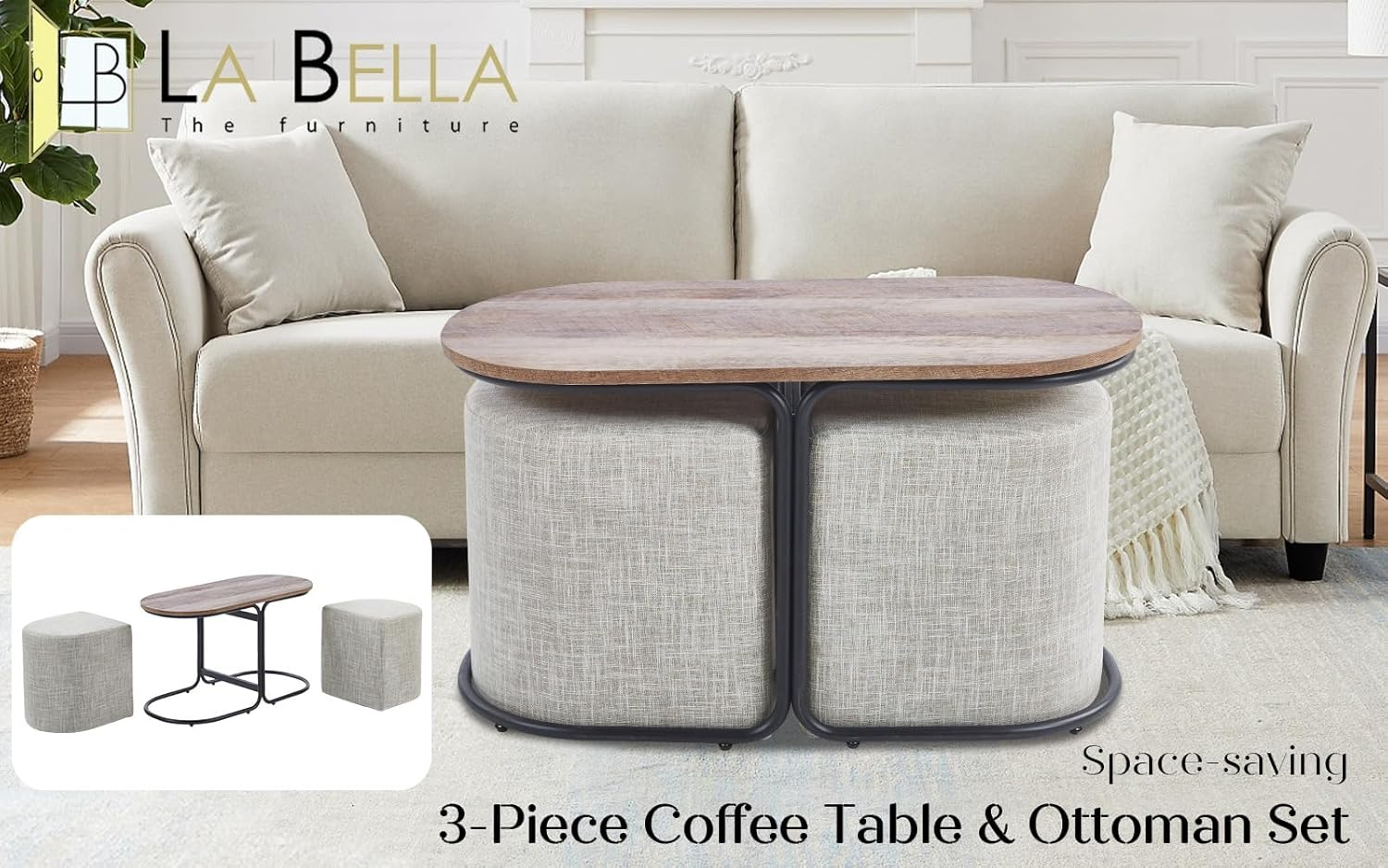 La Bella 3-Piece Coffee Table & Ottoman Set &ndash; Modern Industrial Living Room Furniture with 2 Padded Stools, Linen Upholstery & MDF Wood Tabletop &ndash; Space-Saving Design, Cream - Cream image number 4