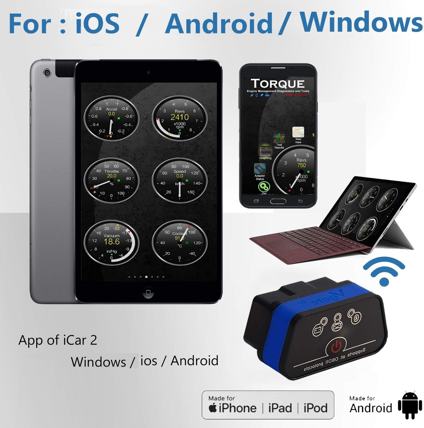 Vgate Icar2 Wi-Fi Adapter OBD2 Scanner Scan Tools Check MIL Light Car Diagnostic Tool for Ios & Android, Auto Sleep (Blue) - Wi-Fi Black1 image number 5