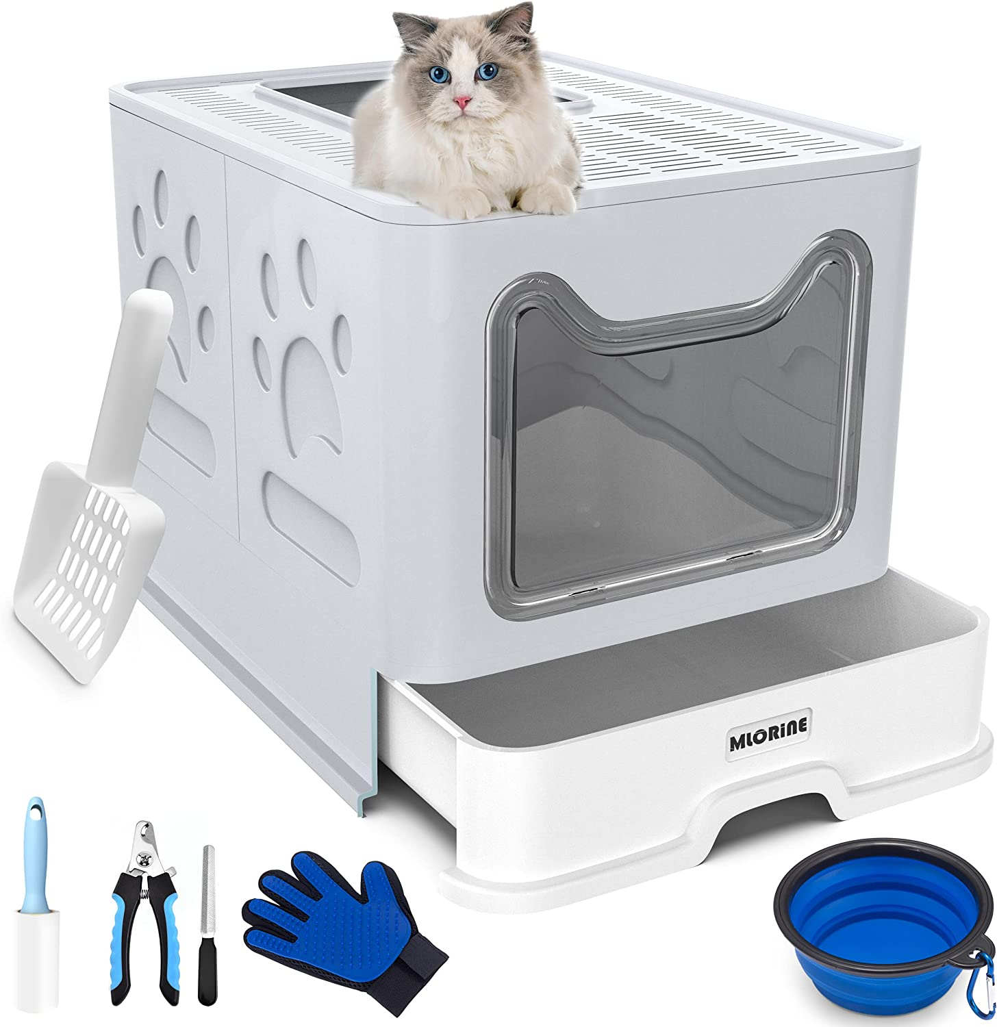 Cat Litter Box Large Pan - Foldable Top Exit Pet Boxes with Entry Lid, Plastic Cleaning Scoop,Cat Nail Clippers,Portable Cats Bowl (Blue)