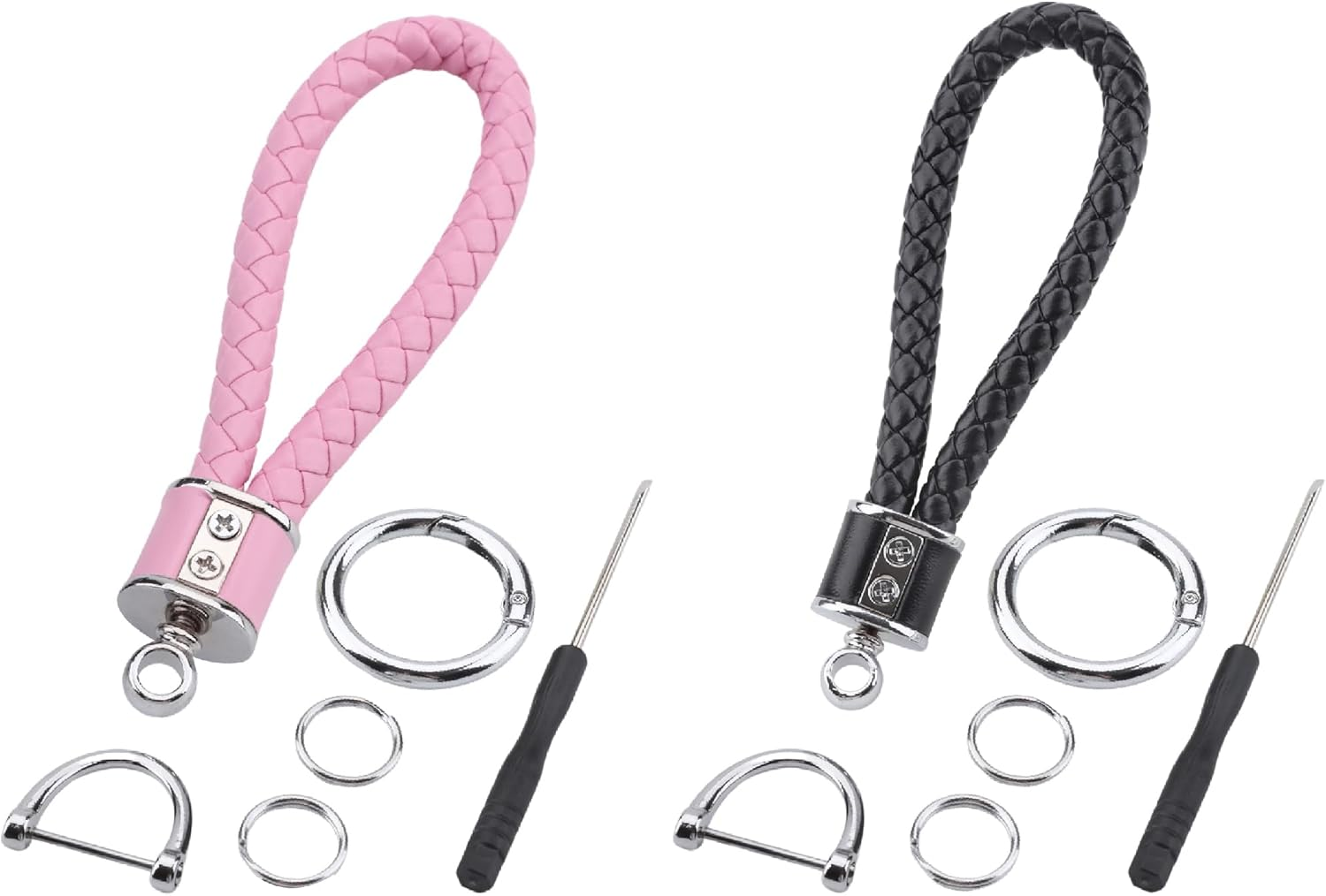 2Pcs Universal Leather Car Keychain, Metal Key Chain with Screwdriver and 360&deg; Rotatable D-Ring for Men Women Couple, Black and Pink image number 5