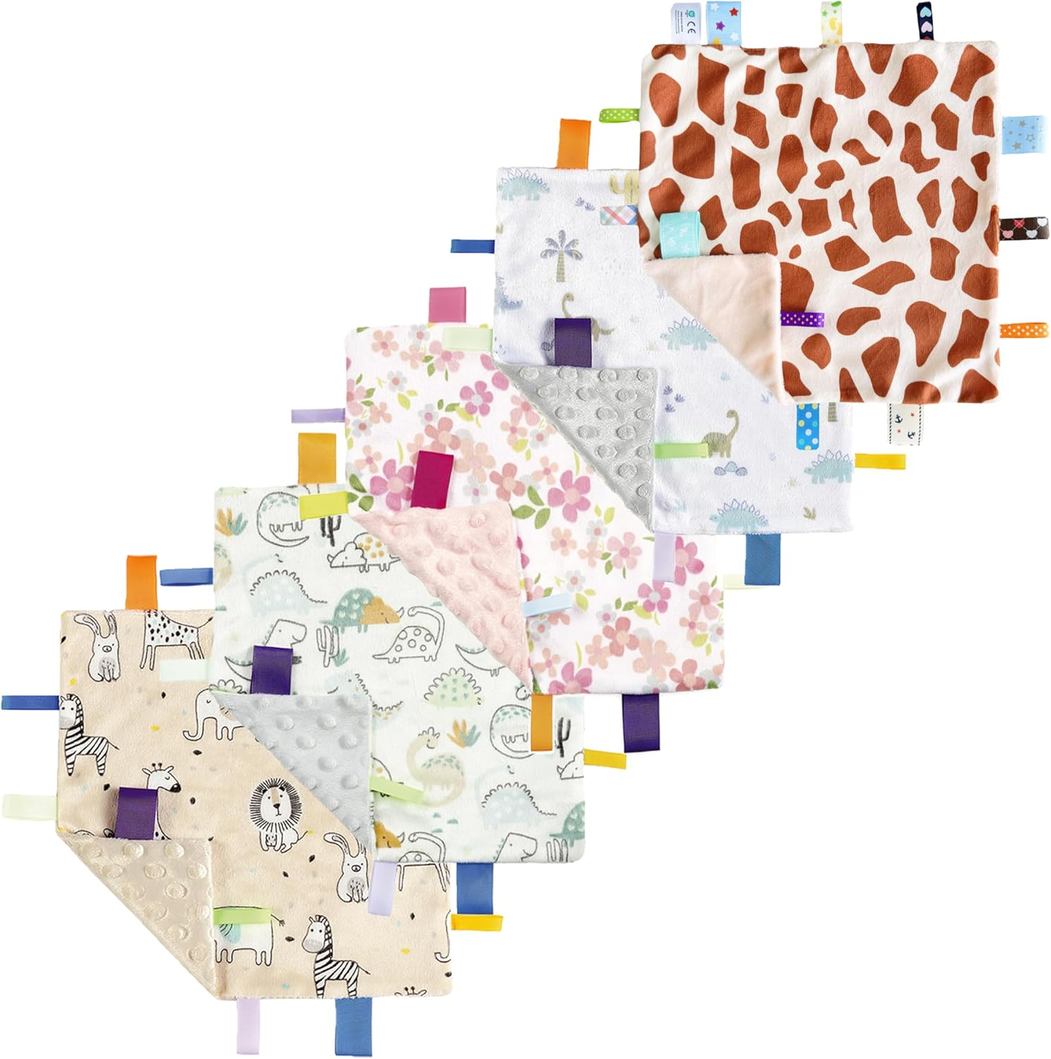 CREVENT Tag Security Blankets for Babies, Soft Small Loveys for Girls, Baby Comforter Sensory Blanket, Great Gifts for Birthday Baby Shower 25X25Cm (Dinosaur+Blue)