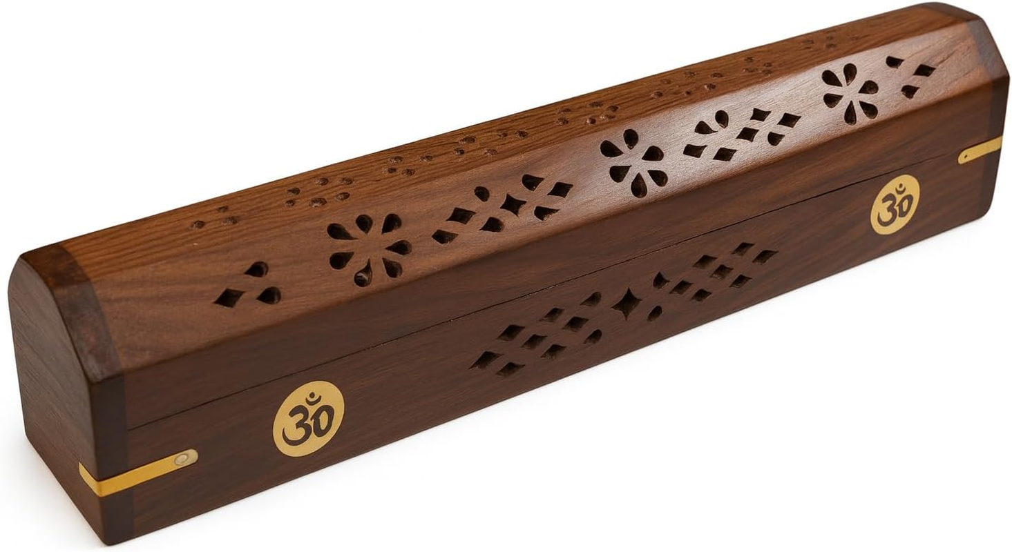 Wooden Box, Agarbatti Holder Wooden Hand Carved Incense Burner, Incense Holder, Brass Inlays & Storage Incense Holder Stand, Incense Stick Stand Handmade (12X2.5X3 Inch) Om image number 5