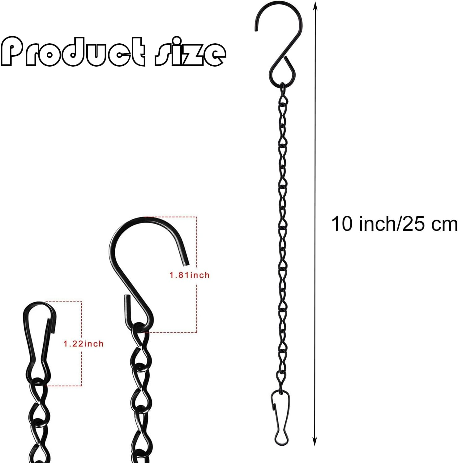 15 Pack Hanging Chains - 10 Inch Metal Chains with Hooks Clips for Bird Feeders, Billboards,Wind Chimes,Planters Lanterns and Ornaments- Garden Plant Hangers - Outdoor Hanging Basket Chains（Black）