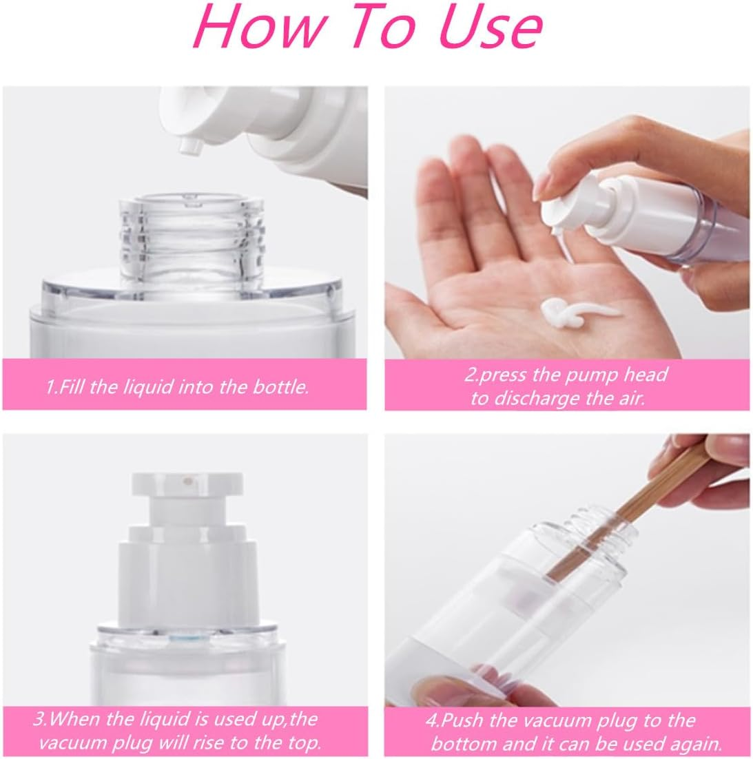 1.7 Oz 50Ml Empty Airless Pump Bottles,Lotion Shampoo Cosmetics Travel Bottles,Dispenser Refillable Containers,For Business Trips and Travels (Pack of 6,Clear) image number 3