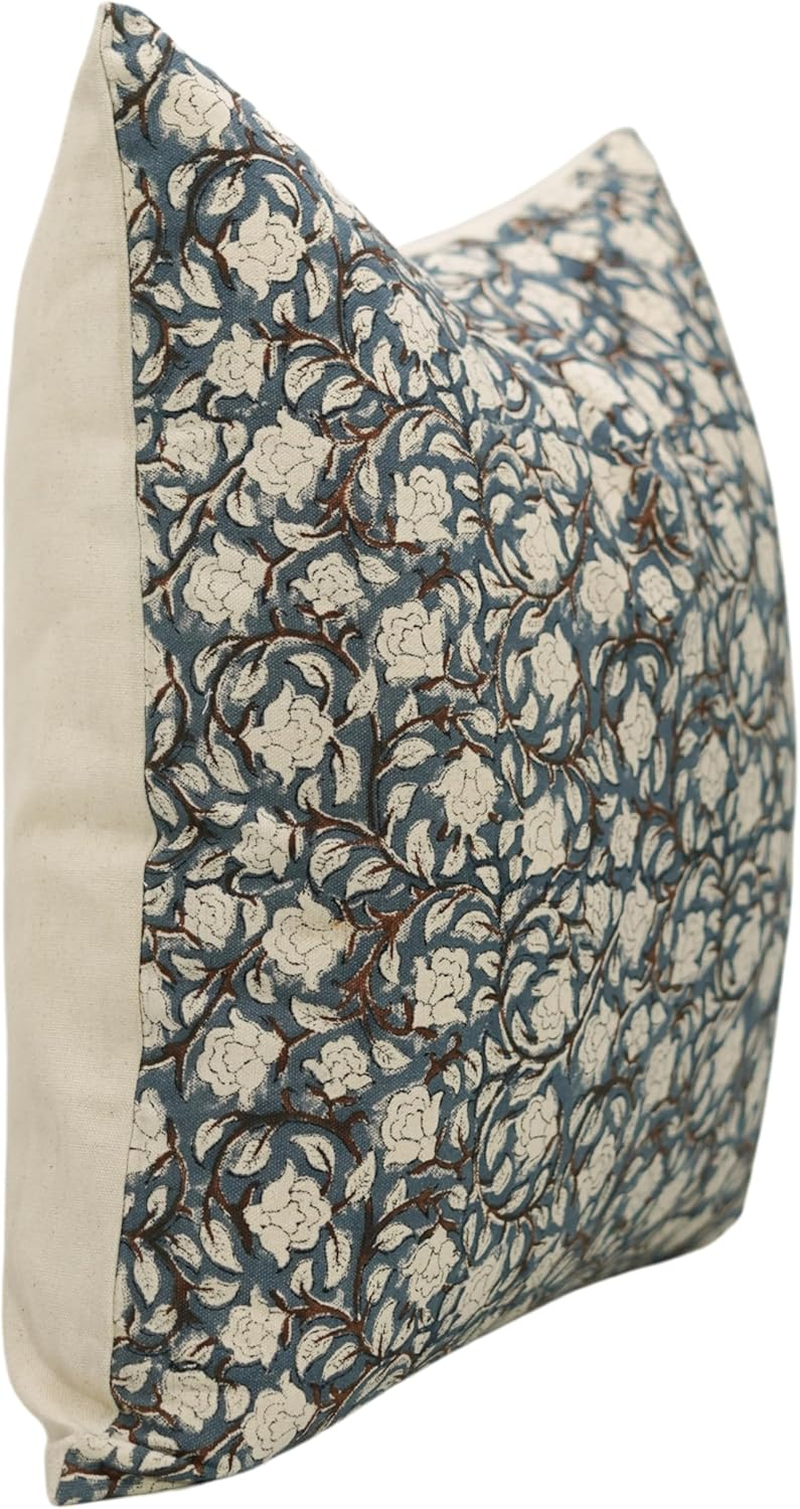 Fabritual Duck Canvas Fabric Handmade Block Floral Print 18X18 Inch Throw Pillowcase Cushion Cover Decorative for Outdoor,Farmhouse, Living Room, Sofa, Bed and Couch (Blue-Amritvella)