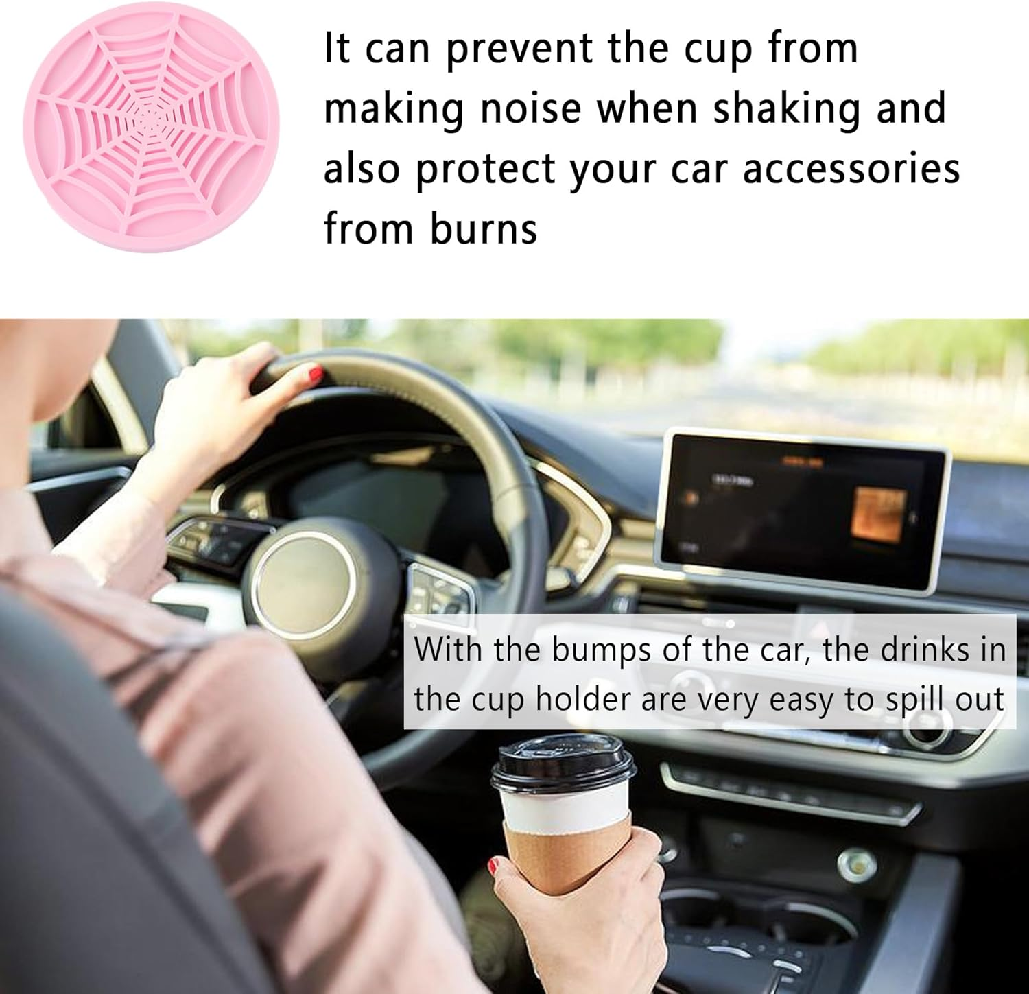 4PCS Silicone Car Coasters,Unique Spider Web Non-Slip Car Cup Holder Coaster Car Interior Accessories,Universal 2.75 Inch Car Drink Coaster for Women Men (Pink)