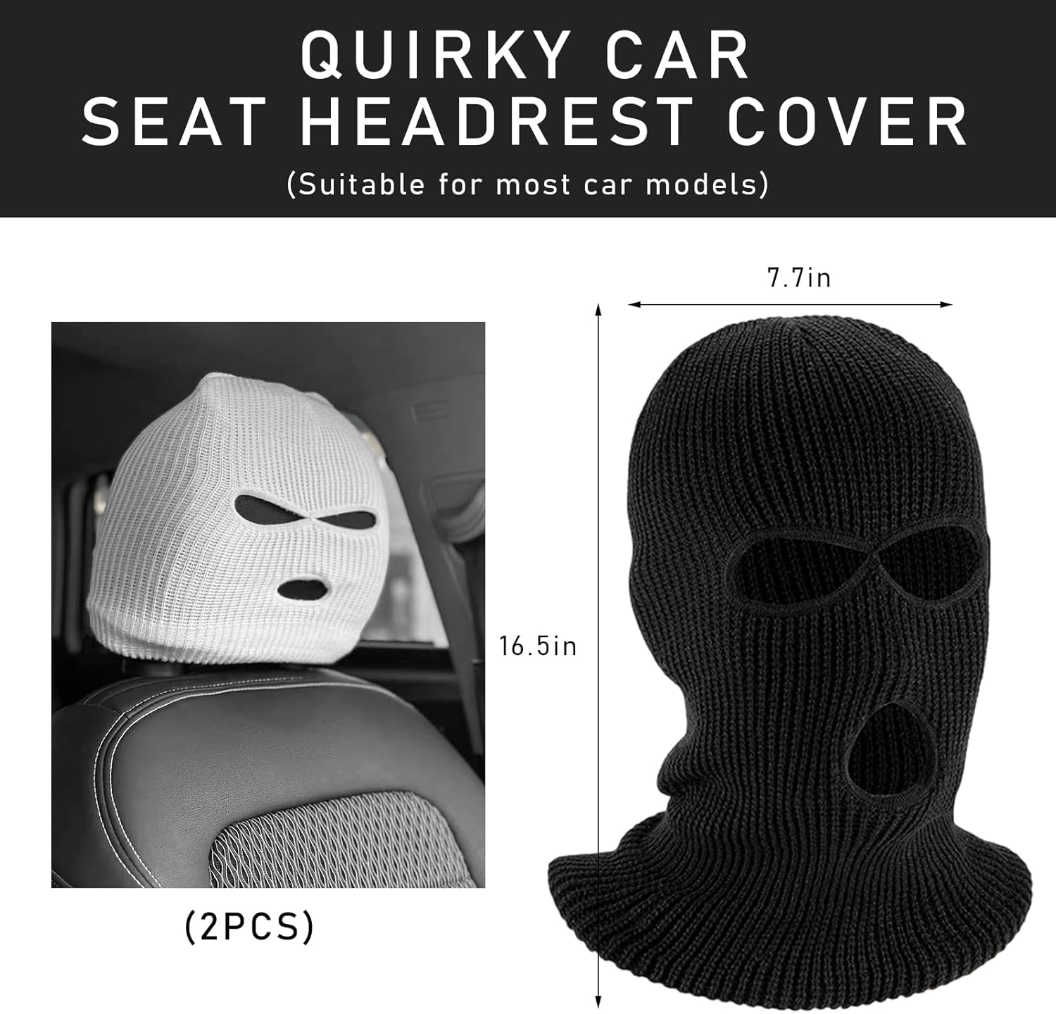 Yourkar 2 PCS Car Headrest Cover, Personalized Funny Hat for Car Seat Head Cover, Full Face Mask Design Headrest Protector for Car, Van, Truck, SUV, Universal Car Accessories (Black) - Black image number 5