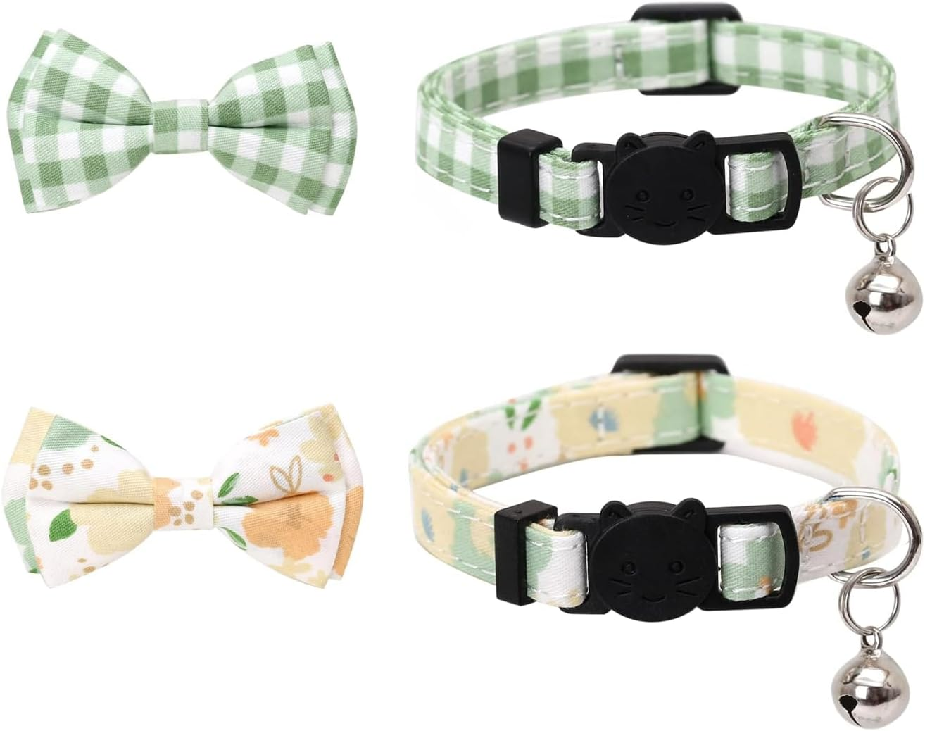 2 Cat Collar with Bell, Breakaway Safety Collar, Adjustable Cotton Fabric Cat Collar with Movable Bow Tie, Compatible with Small Dogs, Cute and Soft Design for Cats - CRFY - Green image number 3