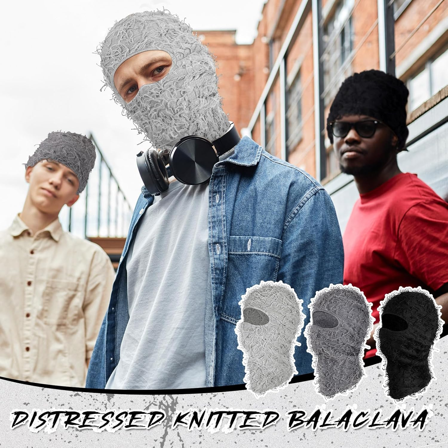 Newcotte 3 Pcs Distressed Balaclava Full Face Ski Mask Cool Knitted Balaclava Windproof Ski Mask for Men Women Cold Weather image number 4