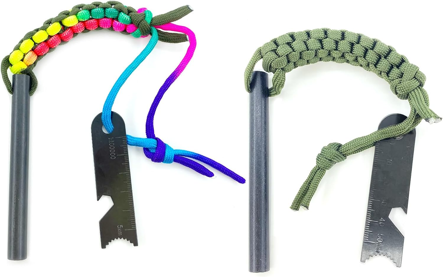 Fire Starter Survival Tool, 4 Inch Flint Steel Drilled Fire Starter 2Pcs with Paracord Lanyard Handle and Ruler for Emergency Survival, Hiking, Camping image number 6