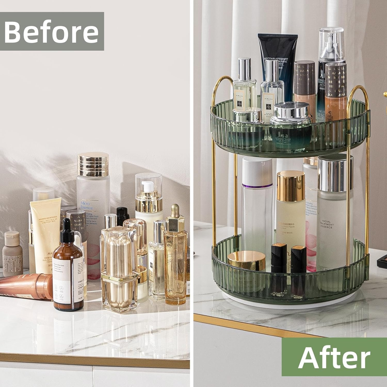 Makeup Organizer for Vanity, 360&deg; Rotating Bathroom Organizer Countertop, High-Capacity Skincare Organizer, Spinning Cosmetics Organizer for Dresser Countertop (2 Tiers, Green) image number 5