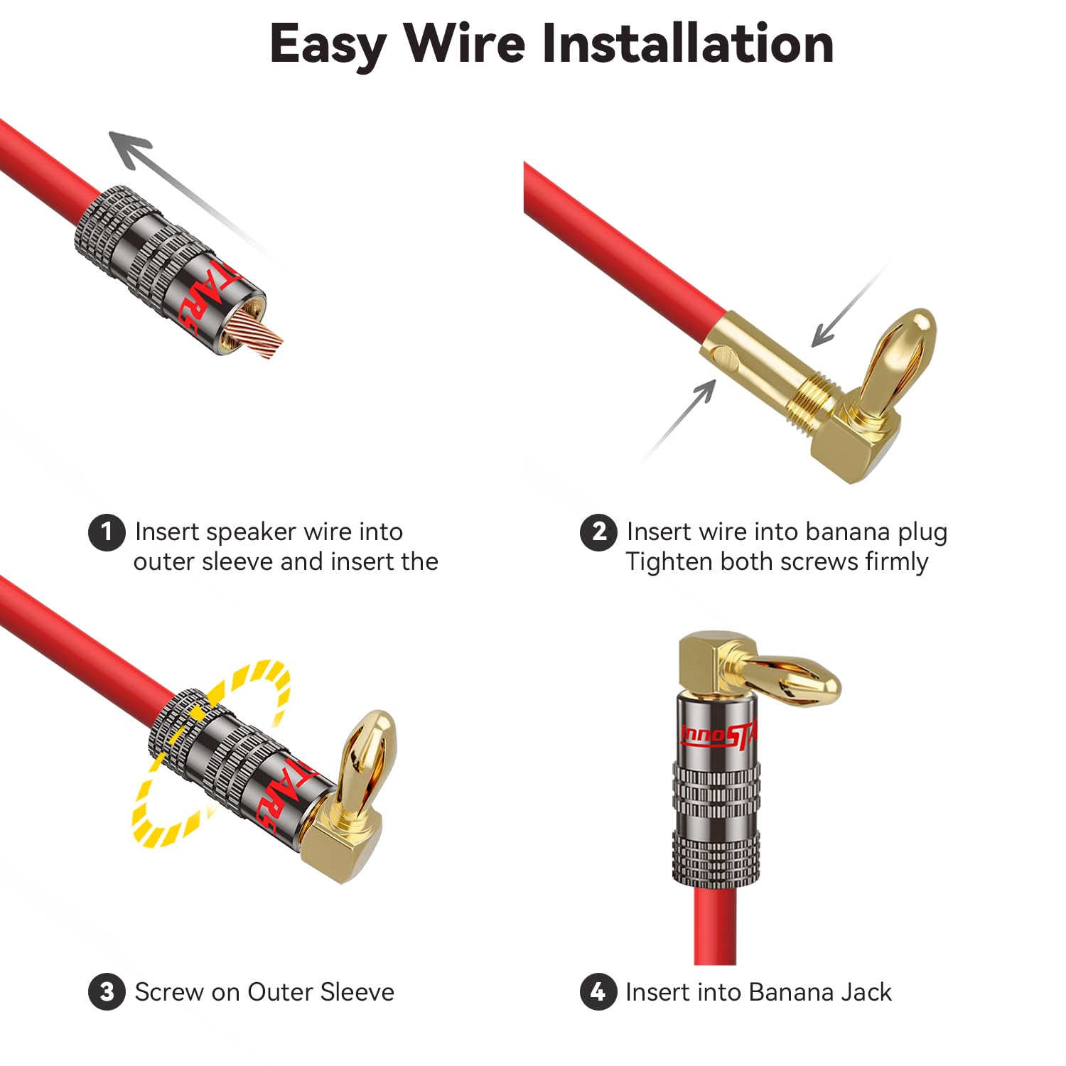 Innostars Right Angle Banana Plugs (6 Pairs / 12 Pcs), Closed Screw 24K Gold Plated Banana Speaker Plug Connectors for Speaker Wire, Wall Plate, Home Theater, Audio/Video Receiver, and Sound Systems