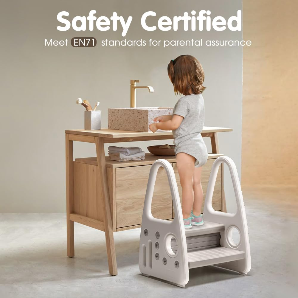 Playpals 2-Step Toddler Step Stool for Bathroom Sink, Kids Toilet Potty Training, Bed & Kitchen Counter Use, Non-Slip Double-Height Toddler Tower with Handle (White-Grey) image number 6