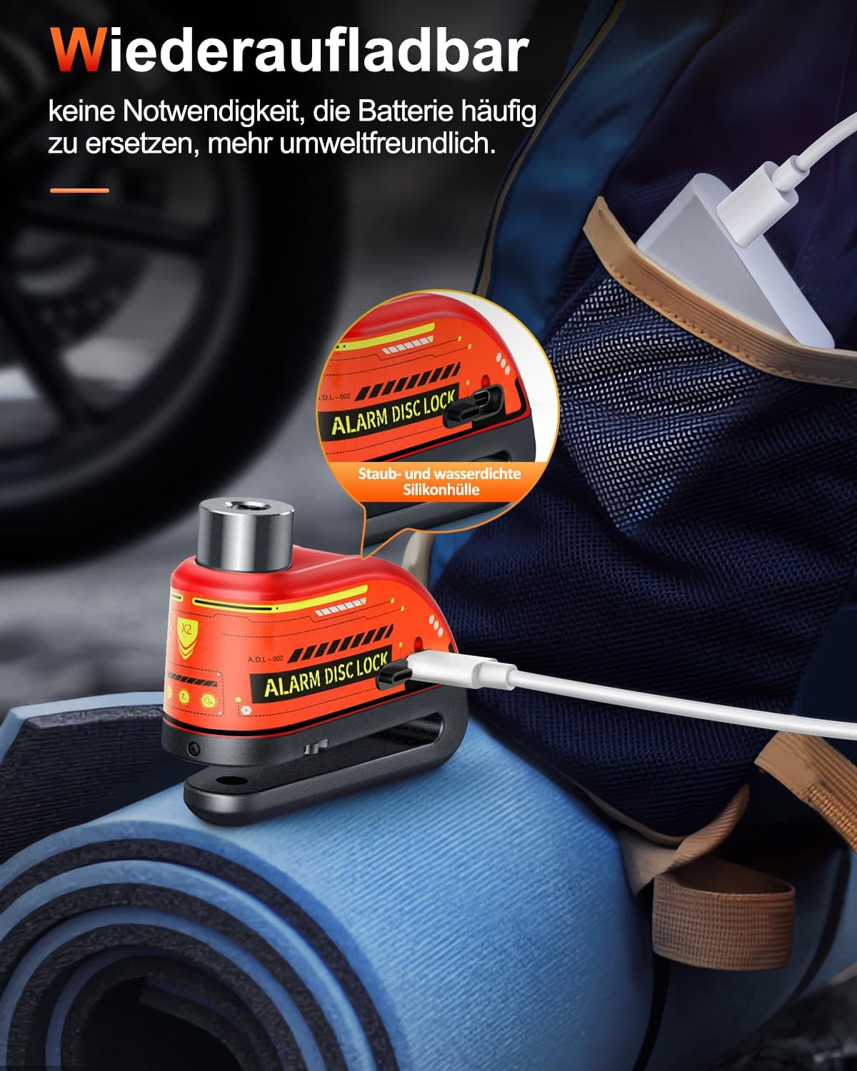 ZEXMTE Alarm Disc Lock Rechargeable Motorcycle Disc Brake Lock Alarm 120Db with 1.8M Reminder Cable Reinforced Waterproof High Security Disc Brake Lock for Motorcycle, Bike, Scooter, E-Bike, Red - Red image number 3