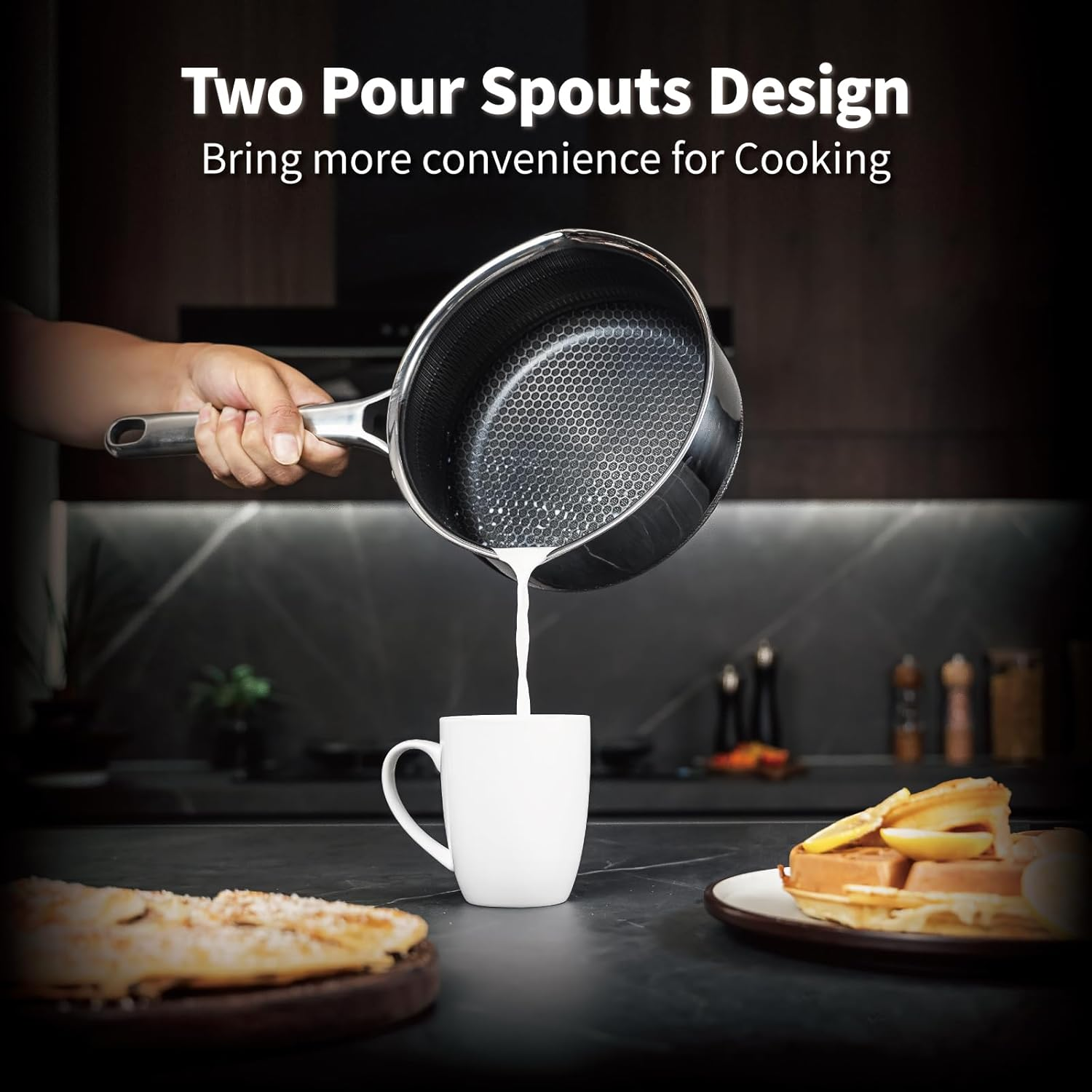 Bakoniion Hybrid Nonstick Saucepan Set of 2 with Lids 16Cm and 20Cm, Stainless Steel Honeycomb Pans with Side Pour Spouts,Compatible with All Cooktops,Dishwasher and Oven Safe