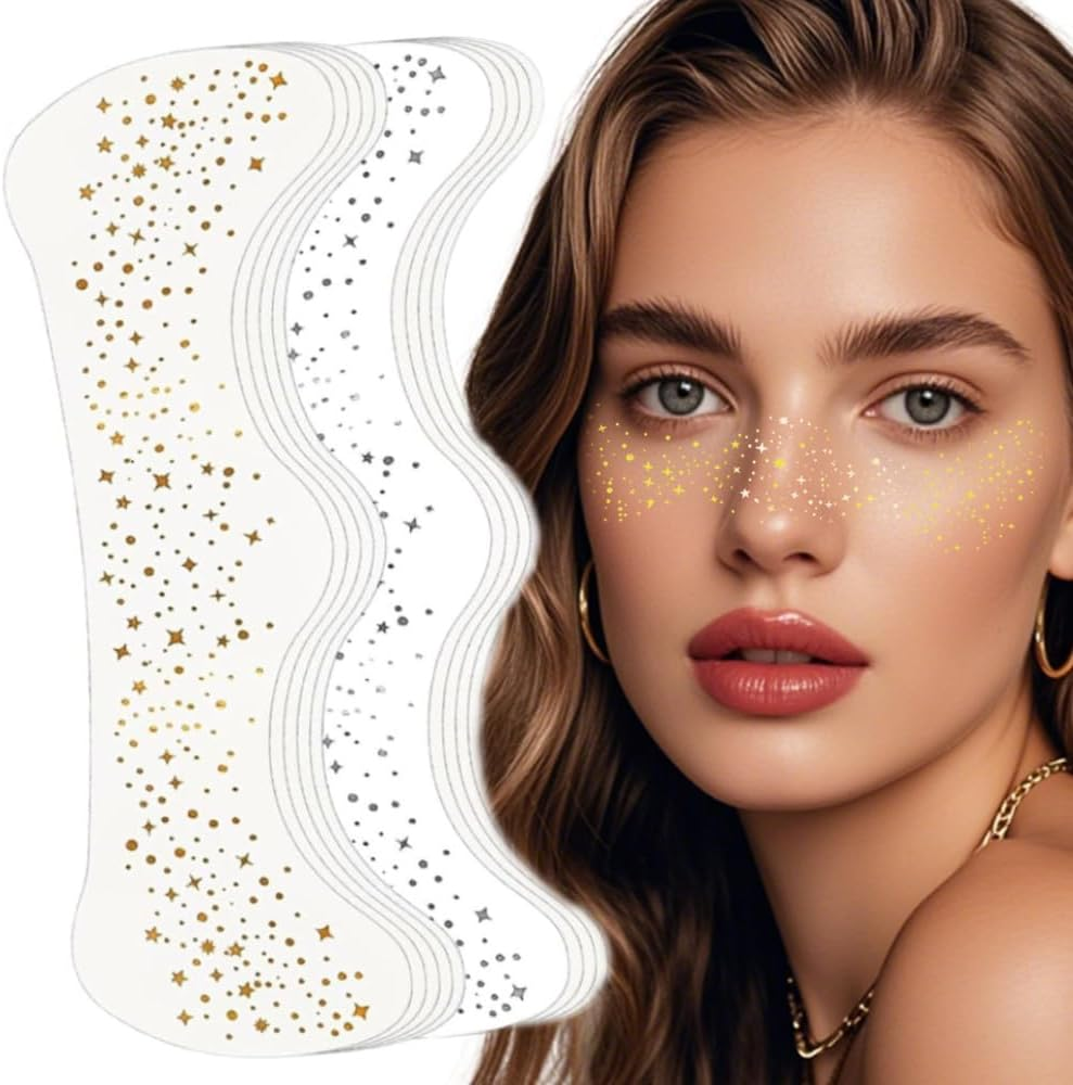 12Pcs Glitter Freckles Tattoo Stickers, Glitter Freckles for Face, Sparkles Freckles Face Eye Makeup Stickers, Faux Freckles Patches for Women and Girls(Gold+Silver) image number 3