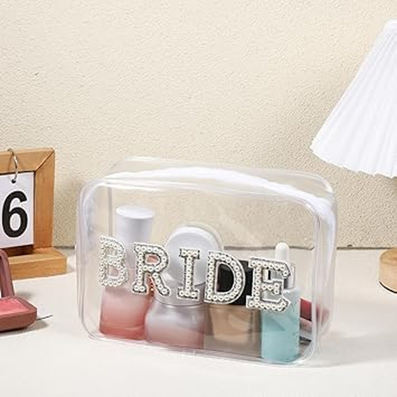 Clear Bride Makeup Bag for Women Bridesmaid Engagement Gift, Pearl Rhinestone Letter Patch Bride Pouch Gifts for Bachelorette Party Wedding Bridal Shower... (Clear, 1PC) image number 1