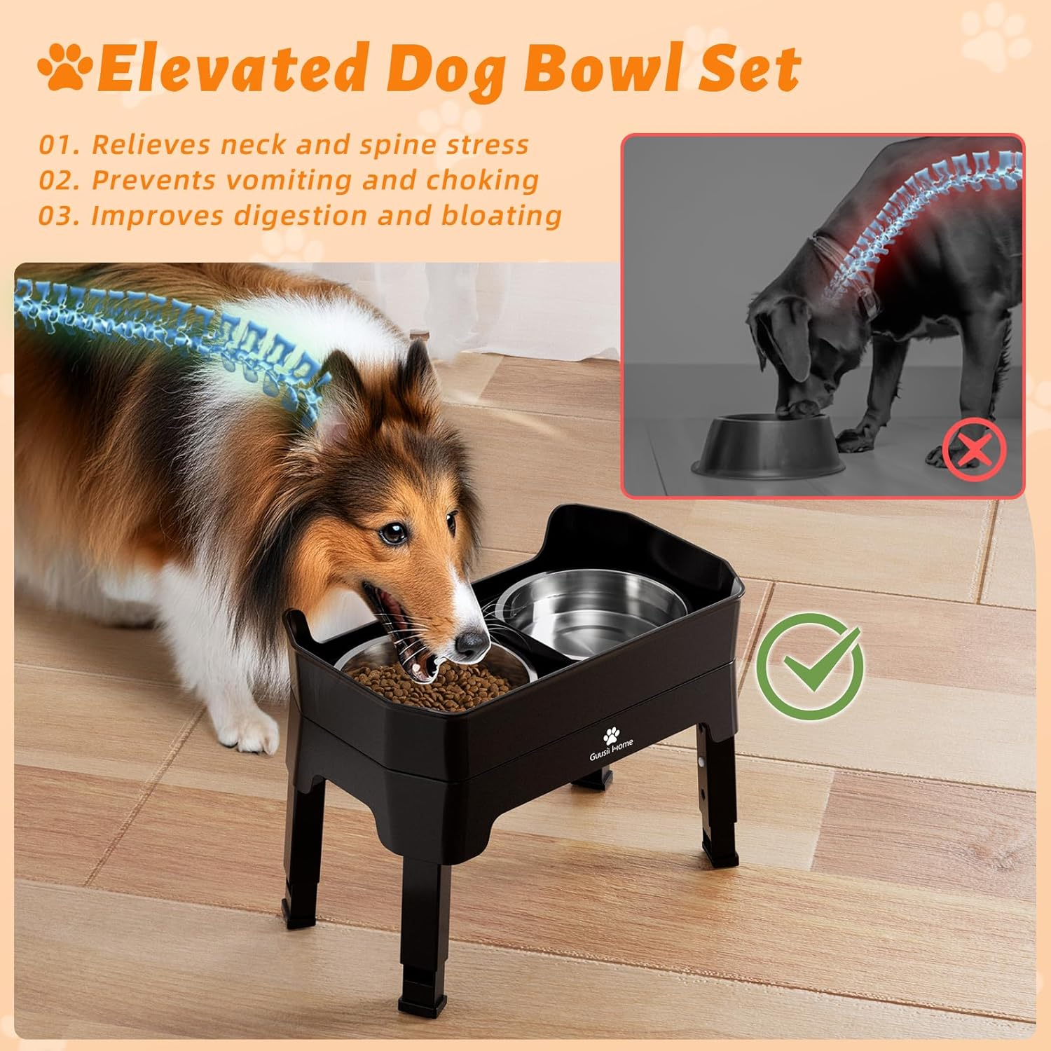 GUUSII HOME Elevated Dog Bowl with Stand Raised Feeding Station for Large Medium Small Sized Dogs Licking Plate Slow Food and Water Dish Set Adjustable Height 43.5 * 26.7 * 16/28.7/32.7/36.7Cm 1600Ml image number 1