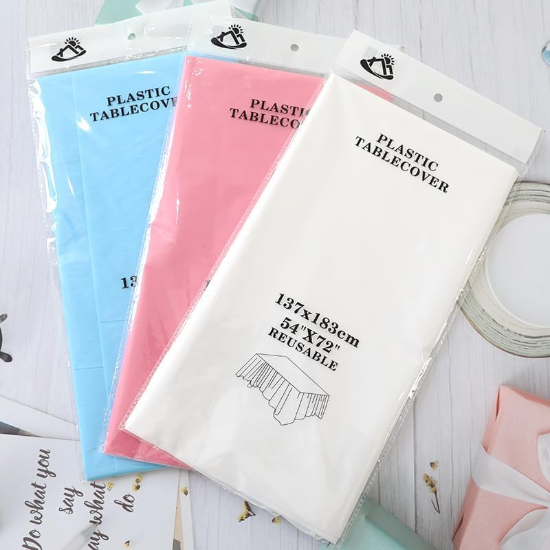 Aoozleny Premium Disposable Plastic Tablecloth (54 X 72 Inches), Decorative Rectangle White Table Cover for Wedding, Party, Banquet [5 Pack] (Pink)