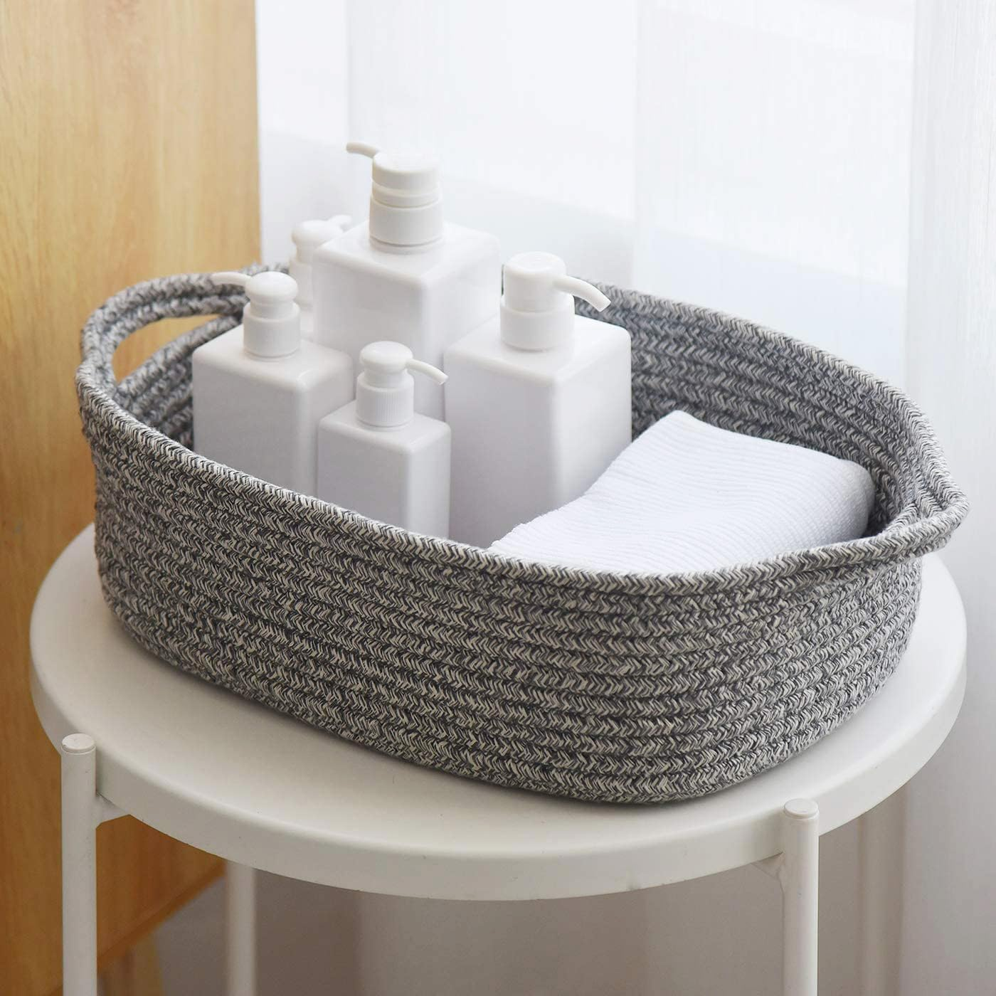 Woven Cotton Rope Storage Basket, (14.5"X 11"X 5") Cube Changing Table Organizer for Closet Towels, Baby Nursery Bin, Small Dog Cat Toy Box, Gift Baskets Empty by CIKI HOME