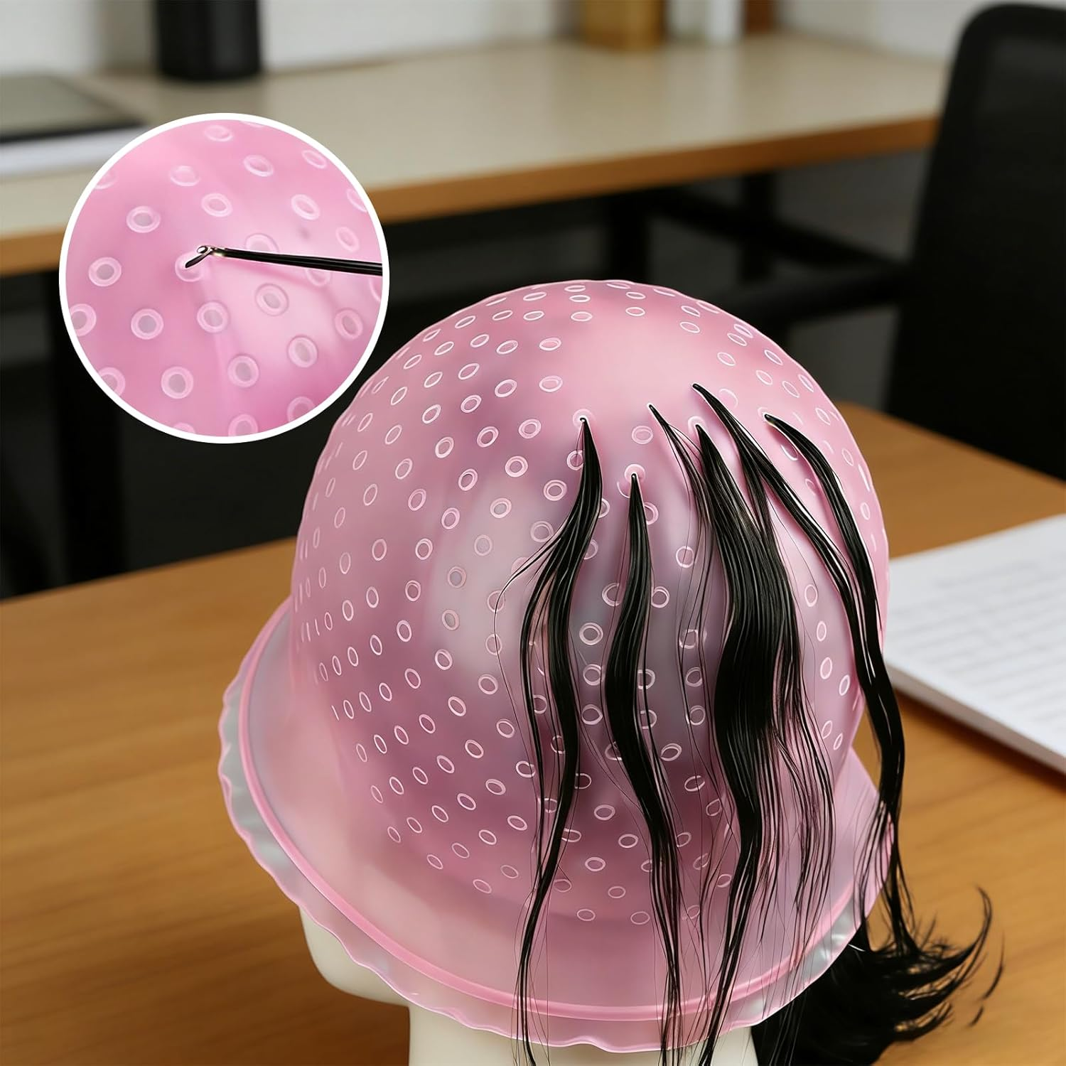 1Pcs Pink Silicone Highlight Cap​ with Steel Hook, Reusable Hair Dye Cap,​ Pre-Punched Holes, Boxed Highlights Cap​ for Salon Home Hair Coloring image number 5