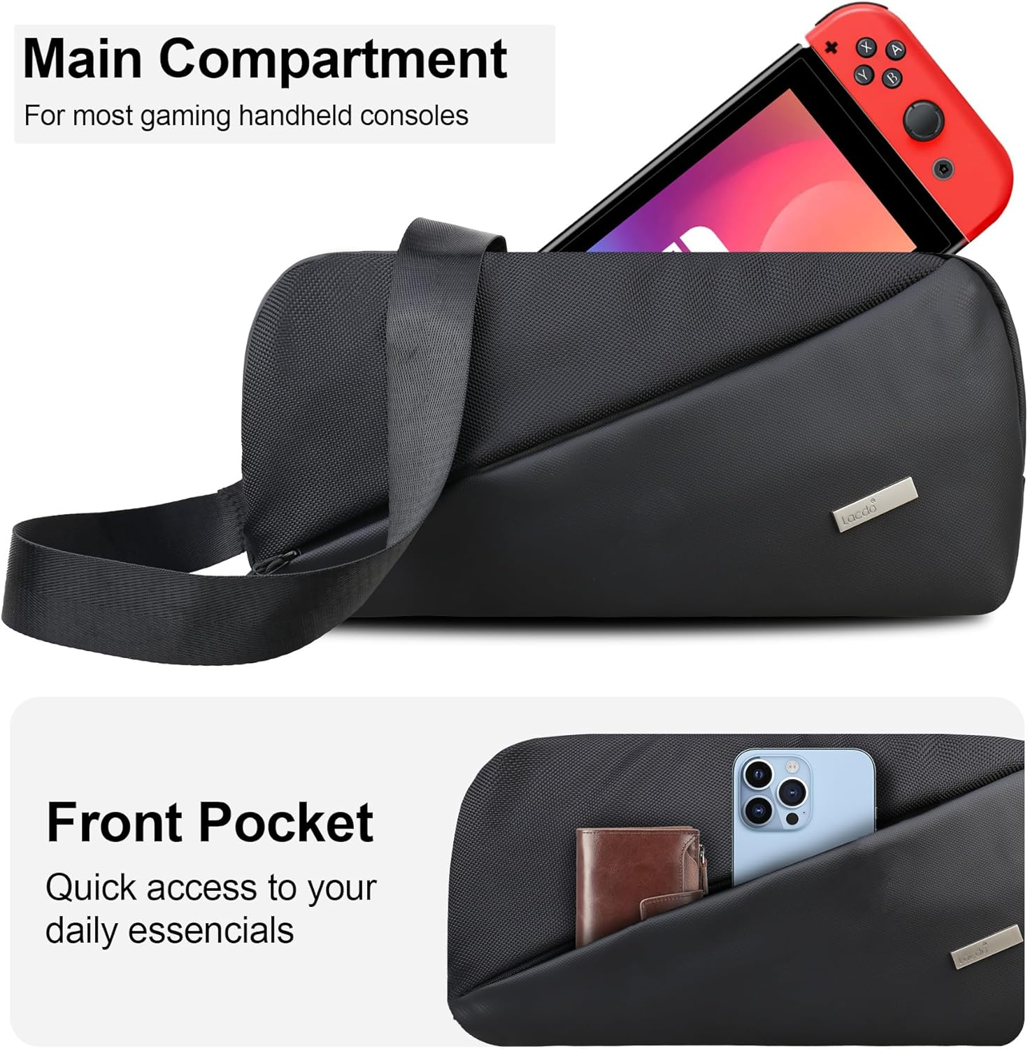 Lacdo Carrying Case for Nintendo Switch 2 / Steam Deck OLED / ROG Xbox Ally X Storage Portable Bag, Protective Crossbody Sling Bag, Steamdeck Case Switch 2 Case Bag Fit Console & Accessories, Black image number 1