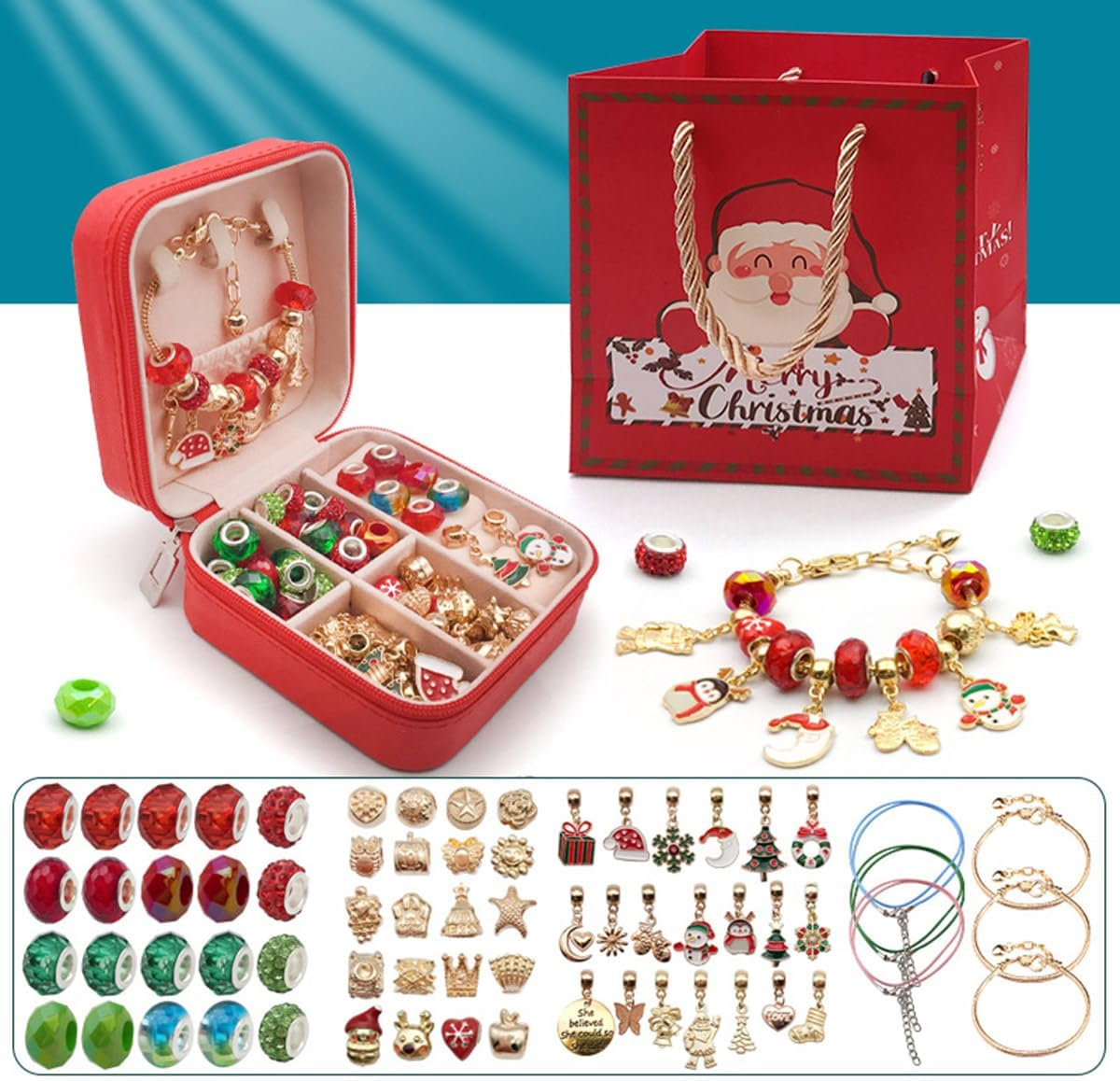 66Pcs Bracelet Making Kit for Girls, Charm Bracelets Kit with Jewelry Box, Jewelry Charms, Bracelets for DIY Craft, Gifts for Girls Ages 6-12 Years Old (Christmas)