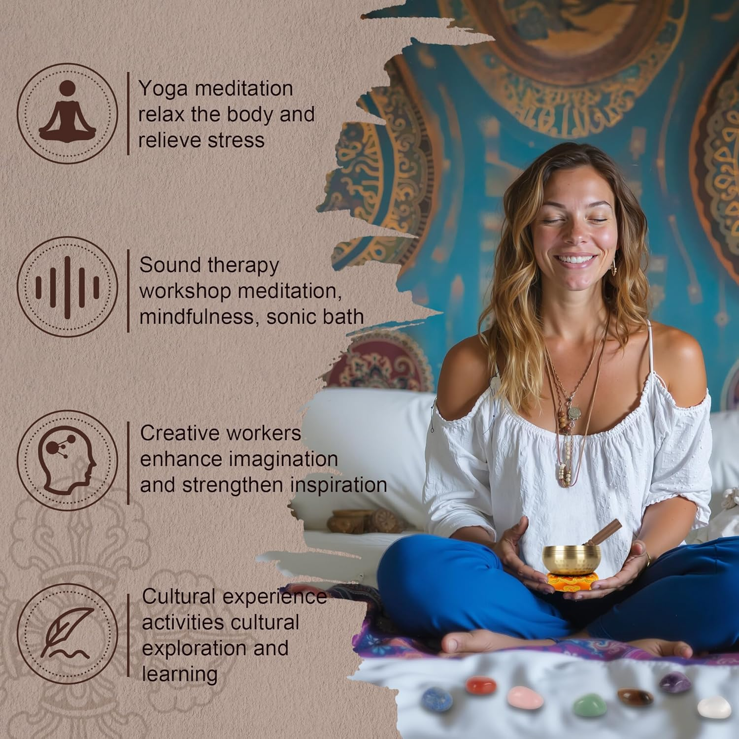 3.14In Tibetan Singing Bowl Set with 7 Chakra Crystal Stones &ndash; Handmade in Nepal for Meditation, Mindfulness & Relaxation image number 3