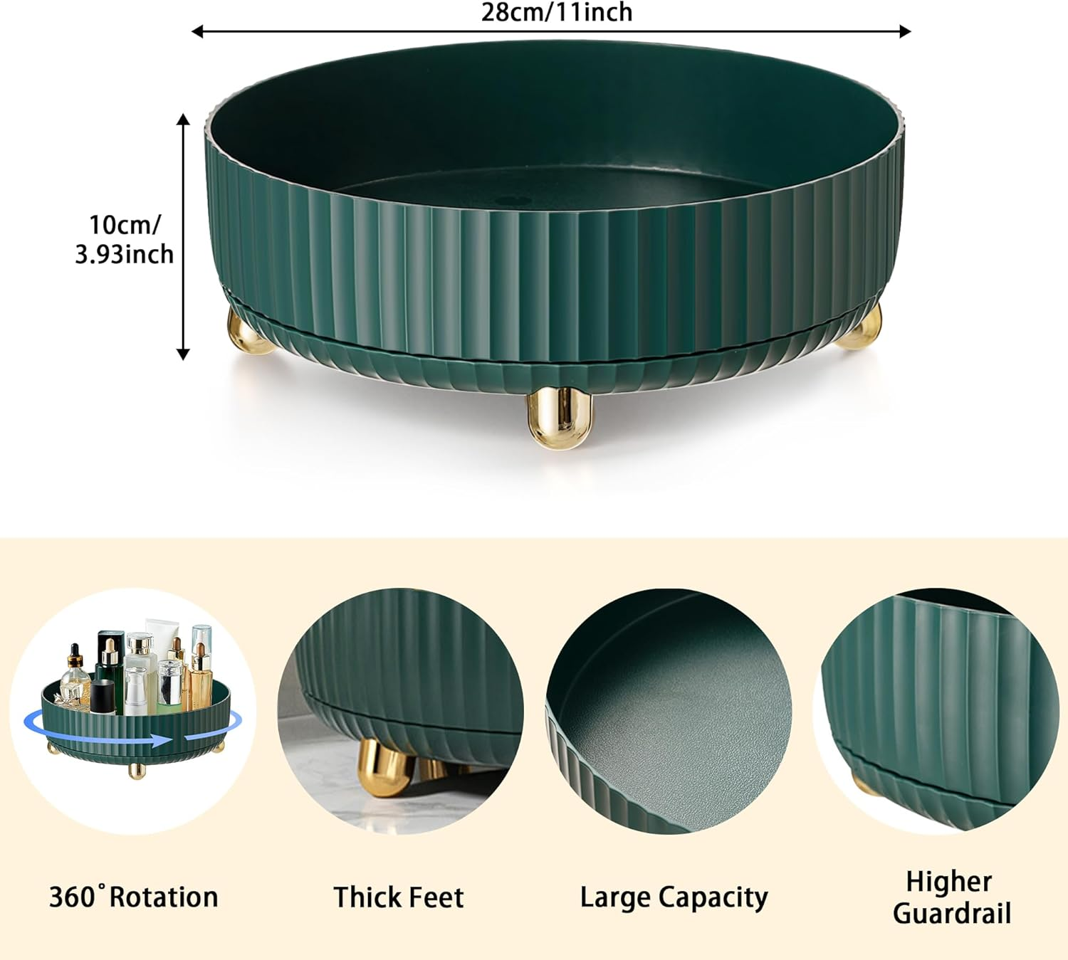 Lacusmall Rotating Makeup Organiser, 360 Rotating Organiser Spinner Tray, Rotating Lazy Susan Organizer Is Perfect for Optimizing Storage in Bedroom Dresser or Vanity Countertop, Green - Orange image number 4