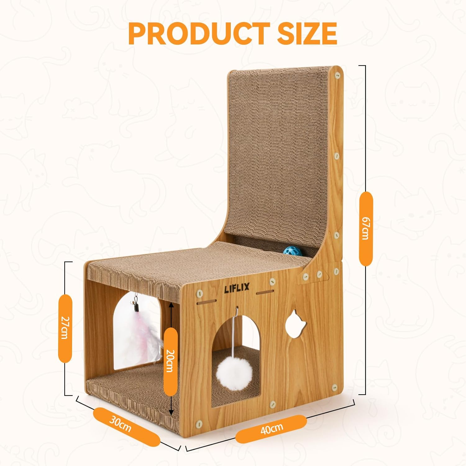 LIFLIX Double-Layer Cat Scratcher, L-Shaped Cardboard Cat Scratching Post with Toys, Cat Scratcher & Hideaway for Indoor Cats to Scratch, Rest, Stretch and Play image number 2