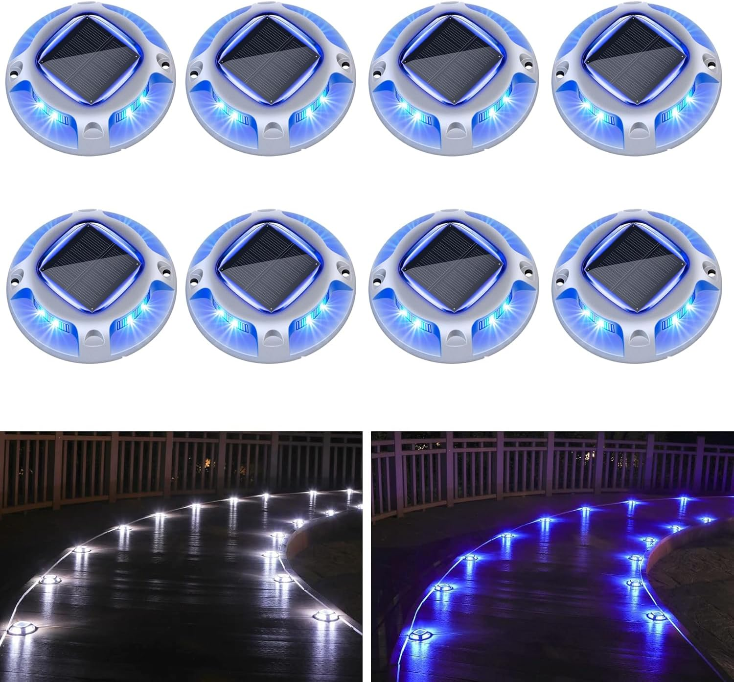 8 Pack Solar Deck Lights,2 Colors Wireless Driveway Safety Light,Ip68 Outdoor Waterproof Marine Dock Lights, for Sidewalk Walkway Pathway Dock Lawn Garden Decor(White and Blue)