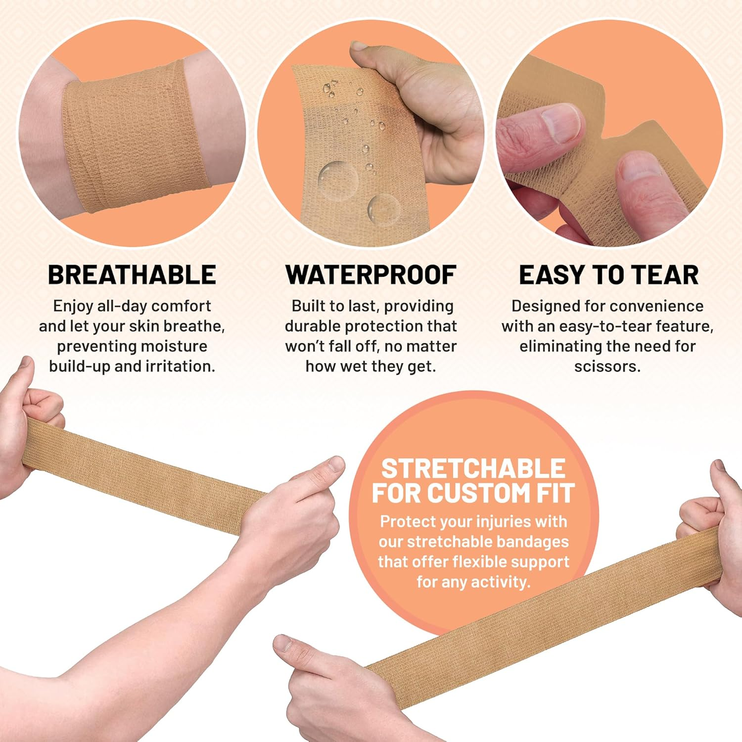 6 Pack, Self Adherent Cohesive Tape - 1" 2" 3" X 5 Yards Combo Pack, (Light Tan Shade) Self Adhesive Bandage Rolls & Sports Athletic Wrap for Ankle, Wrist, Sprains and Swelling - FDA Approved image number 5