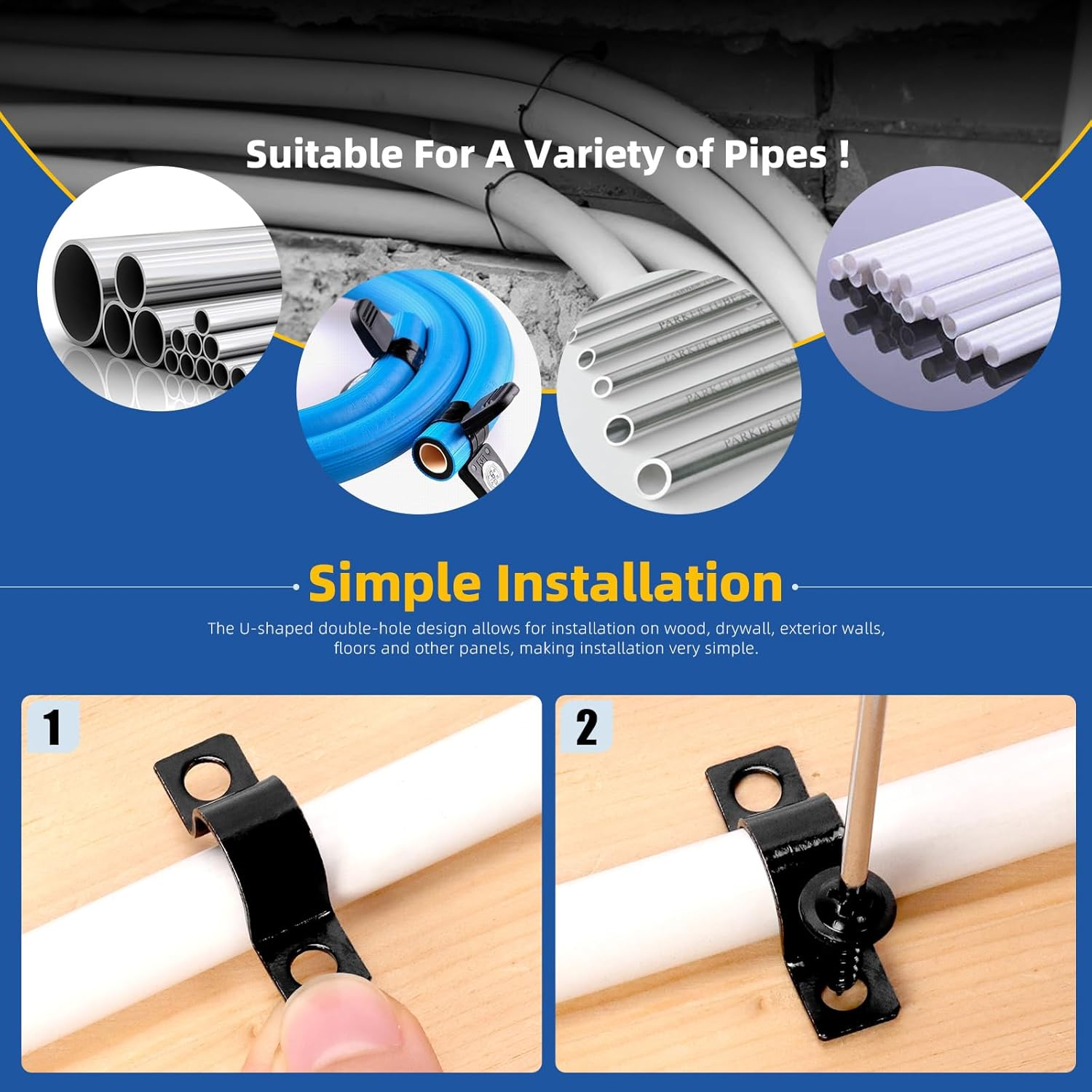 Glarks 75Pcs 10Mm Pipe Strap Clamp, Black Carbon Steel 2 Hole Strap Heavy Duty Rigid Pipe Strap U Bracket Tube Strap Cable Clamp Hanger Tension Tube Clip with Screw for Pipe Tube Cable Fixing image number 2