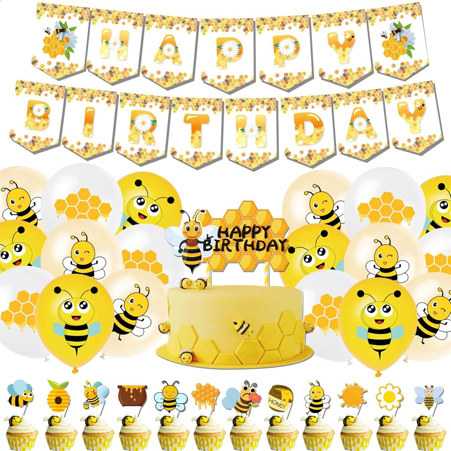 Bee Birthday Party Decorations Set Bee Balloon Party Supplies Happy Birthday Banner Bee Latex Balloon Cake Topper image number 3