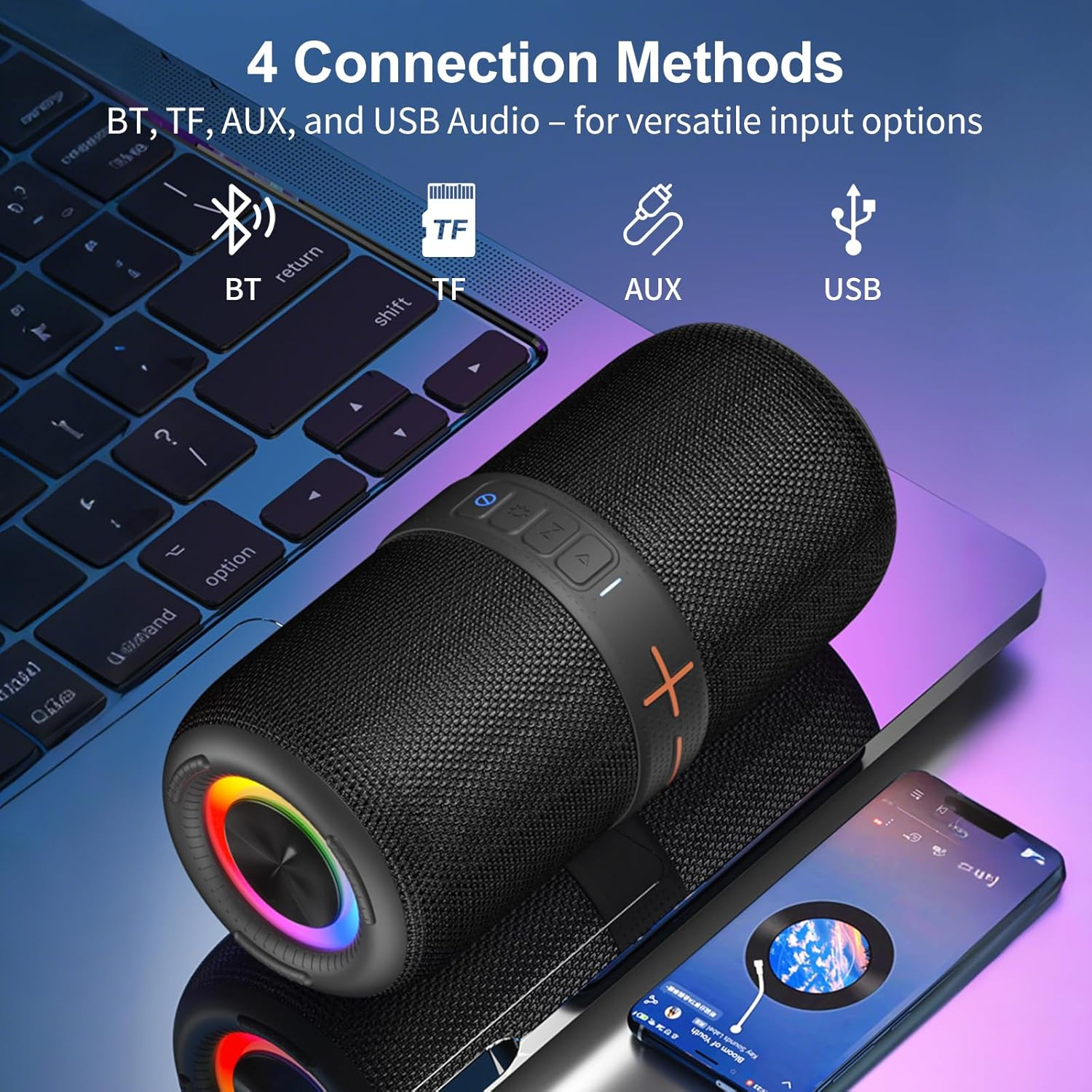 HUO JI Portable Bluetooth 5.0 Speaker with Deep Bass, IPX5 Water Resistance, RGB Lights, 15-Hour Playback and TWS/TF Support,Perfect for Home,Outdoors,Cycling,Hiking,Camping&Parties (Black) image number 5