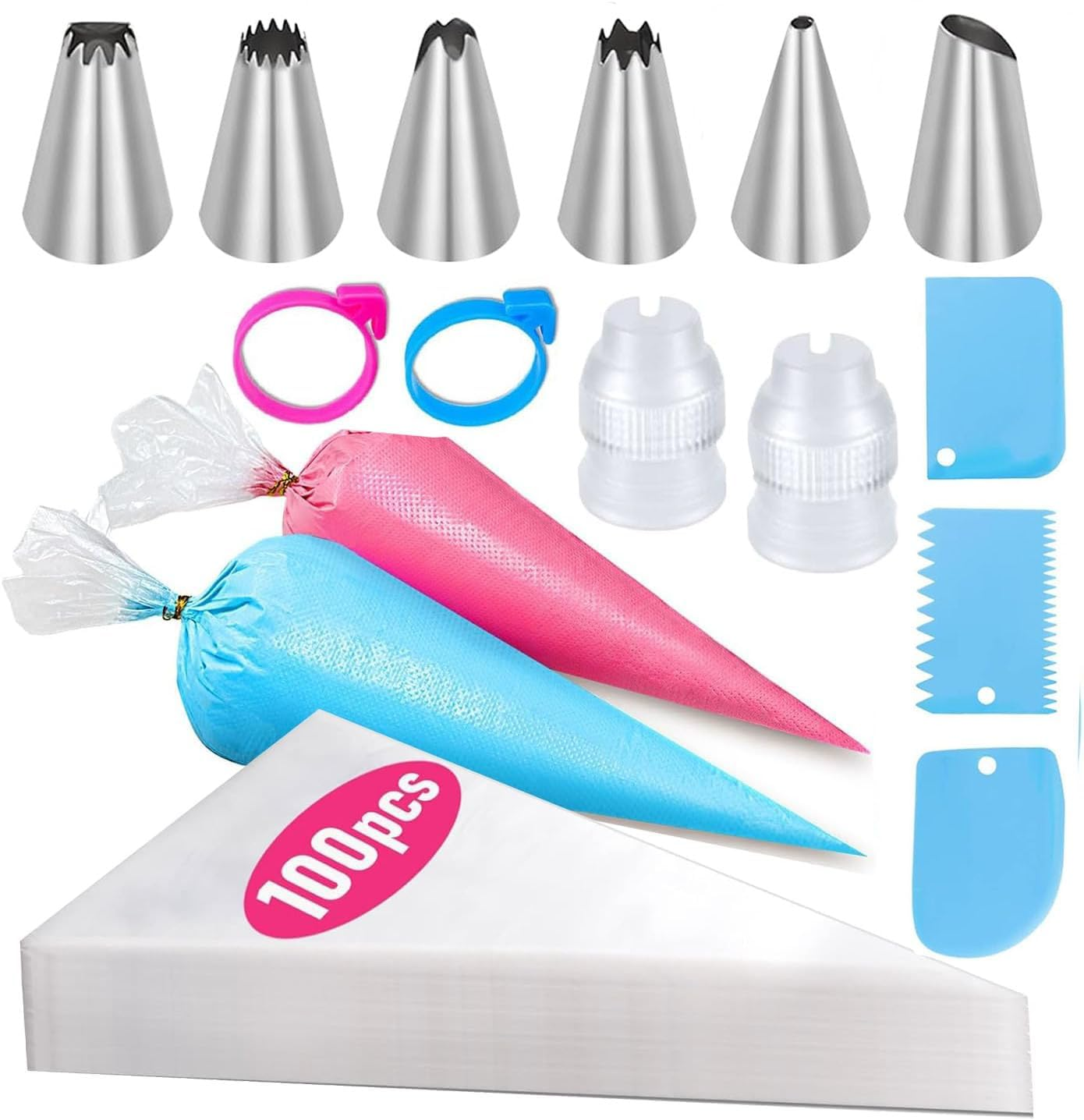Cake Piping Set for Baking with Disposable Piping Bags and Tips, Standard Converters, Silicone Rings, Decorating Supplies for Deviled Egg, Cupcake and Cookie Icing