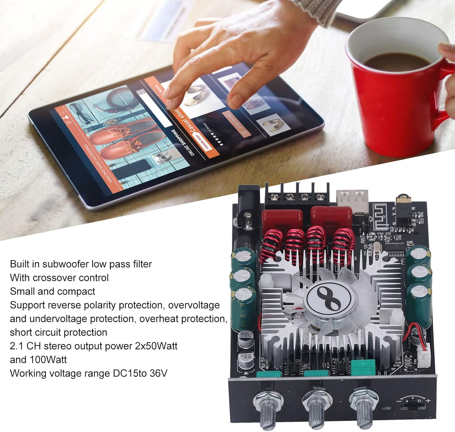 Mini Stereo Audio Preamplifier,Amplifier Board 3.5Mm AUX 3 PIN Input Treble Bass Control Clear Sound Aluminum BT Digital Amplifier Board, for DIY Home Theater Hifi System image number 6