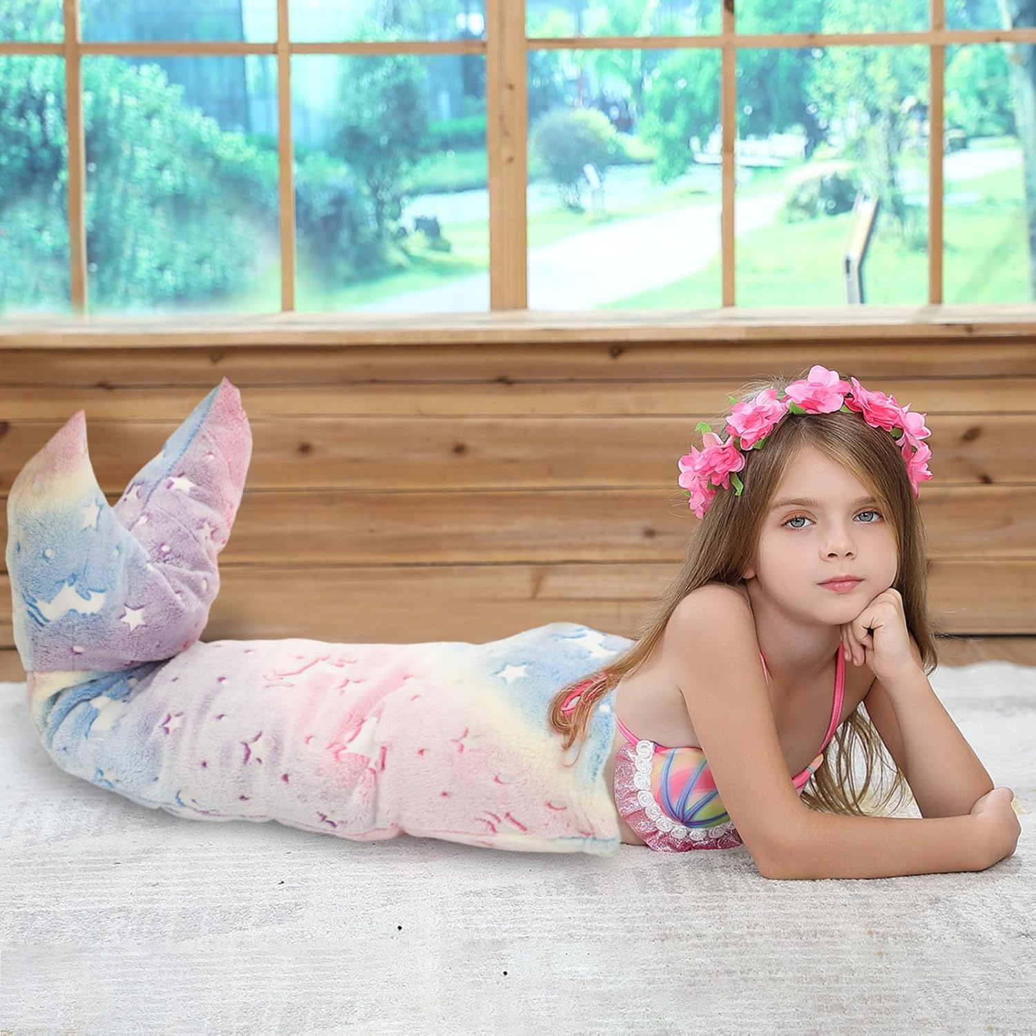 Kids Mermaid Tail Blanket, Soft Luminous Mermaid Blanket Flannel Girls Mermaid Toys Colorful Snuggle Blanket Soft Sofa Blanket Mermaid Sleeping Bag with Double Stitching (Style 1)
