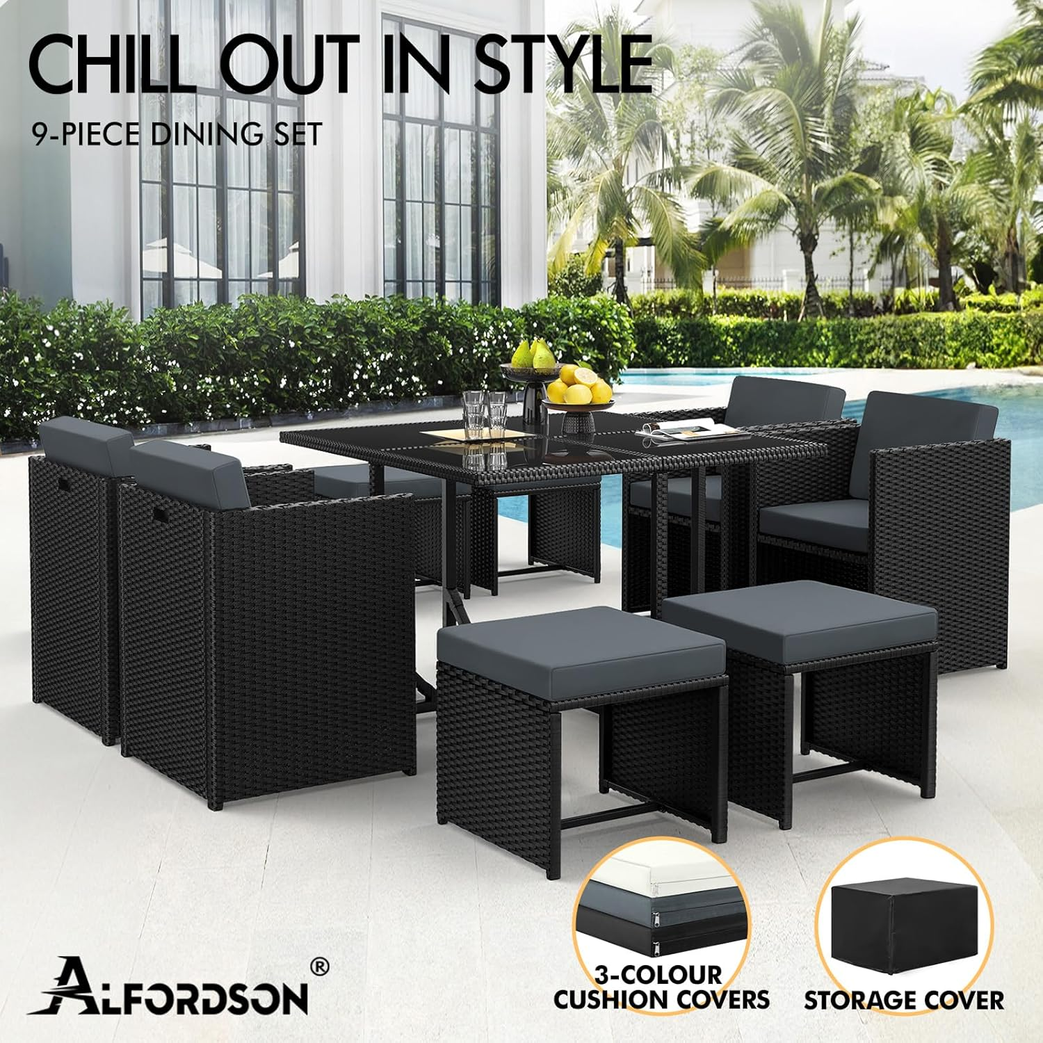 ALFORDSON 9Pcs Outdoor Dining Set Patio Furniture Garden Armchair, PE Wicker Rattan Lounge Chair and Glass Top Table with Steel Frame & Cushions, Uv-Resistant Conversation Sofa Set with Storage Cover image number 5