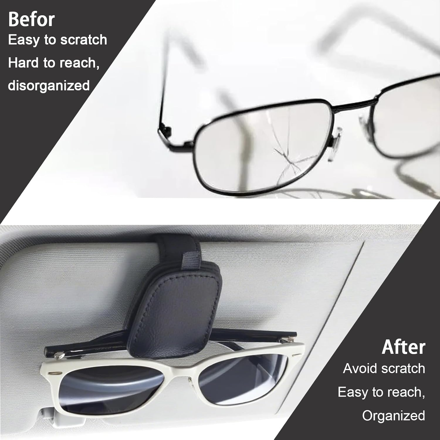 Magnetic Leather Car Sunglasses Holder, Eyeglass Hanger Clip for Sun Visor, with Ticket Card Clip, Car Visor Accessories(Black)