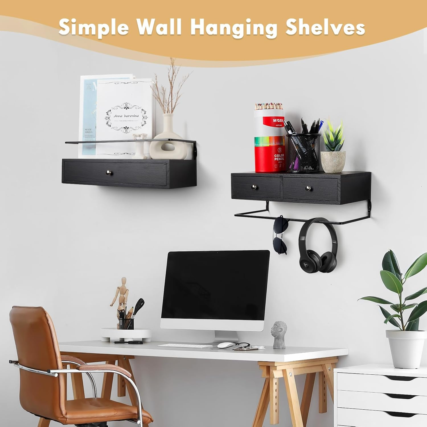 Floating Shelves for Wall Decor Storage, Wall Mounted Bathroom Shelf, Rustic Wood Wall Shelves with Drawers Set of 2 - for Home Decor, Bathroom and Room Decor, Kitchen Storage (Black) image number 1