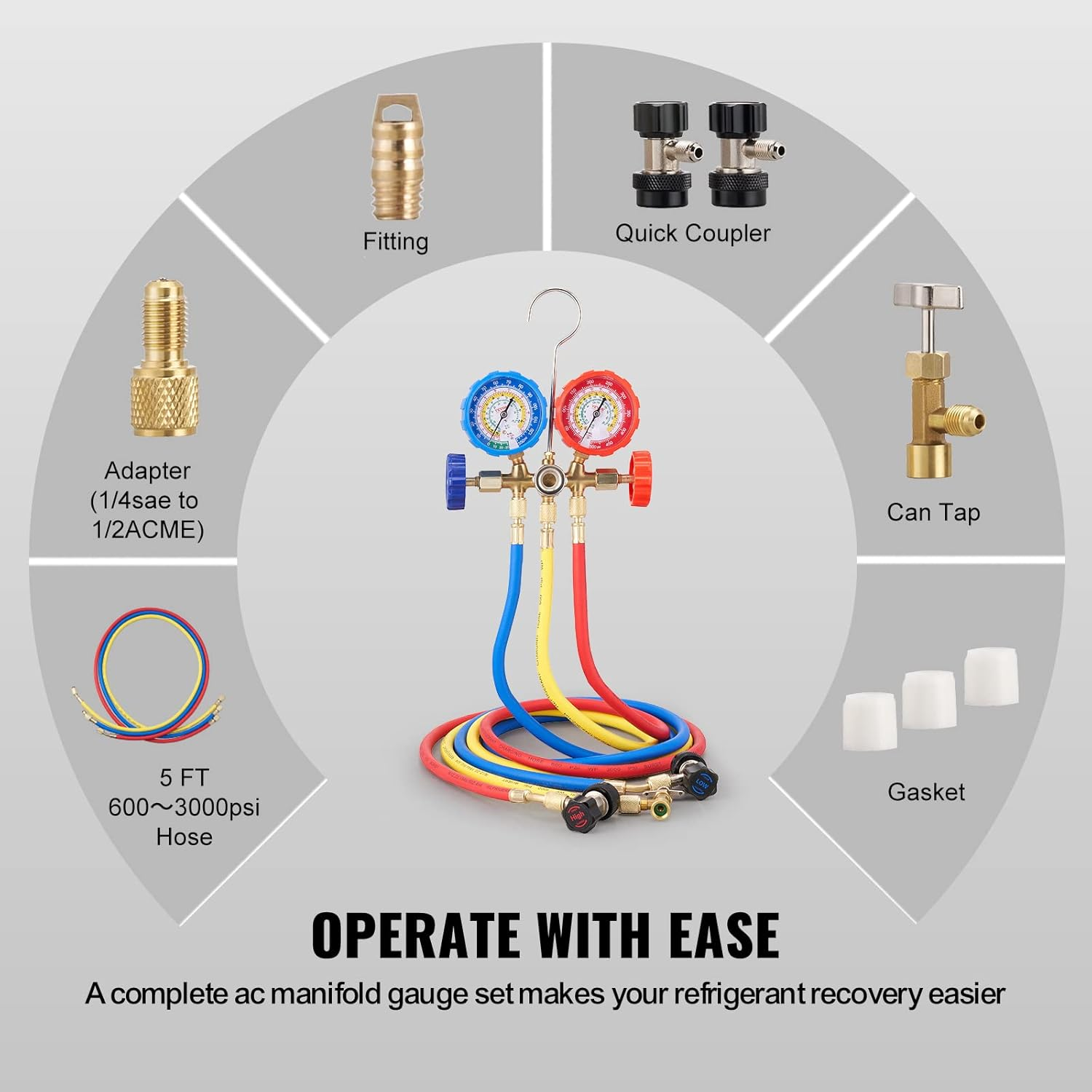 VEVOR AC Gauge Set - 3 Way AC Manifold Gauge Set for R134A R22 R12 R502 Refrigerant, Freon Gauges with 5Ft Hoses, Couplers, Can Tap Works on Car Auto Freon Charging and Evacuation image number 1