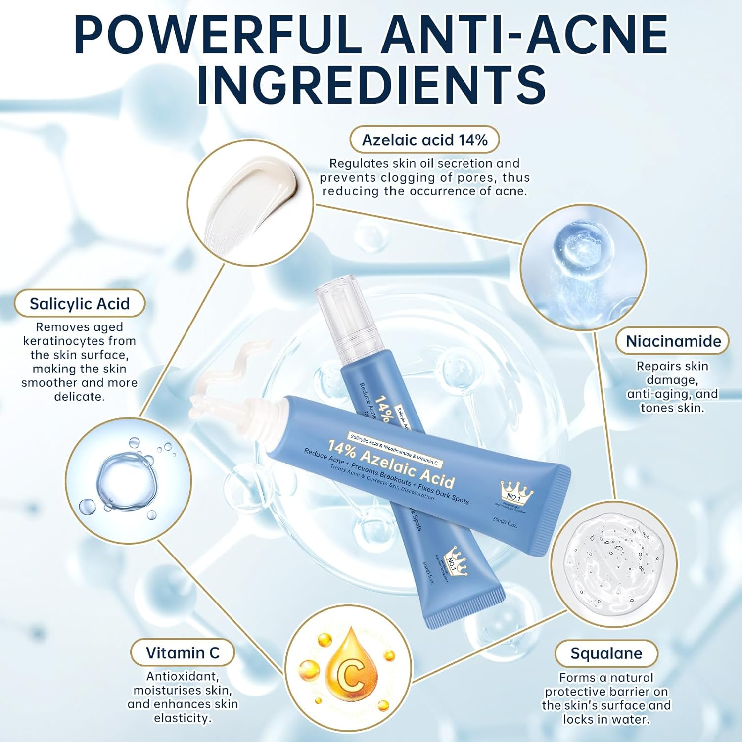 Azelaic Acid Face Serum Cream for Redness Relief,Dark Spots,Azelaic Acid Acne Cream with Niacinamide & Vitamin C,Acid 14% Facial Serum Balance Excess Sebum & Soothe Irritation,30Ml