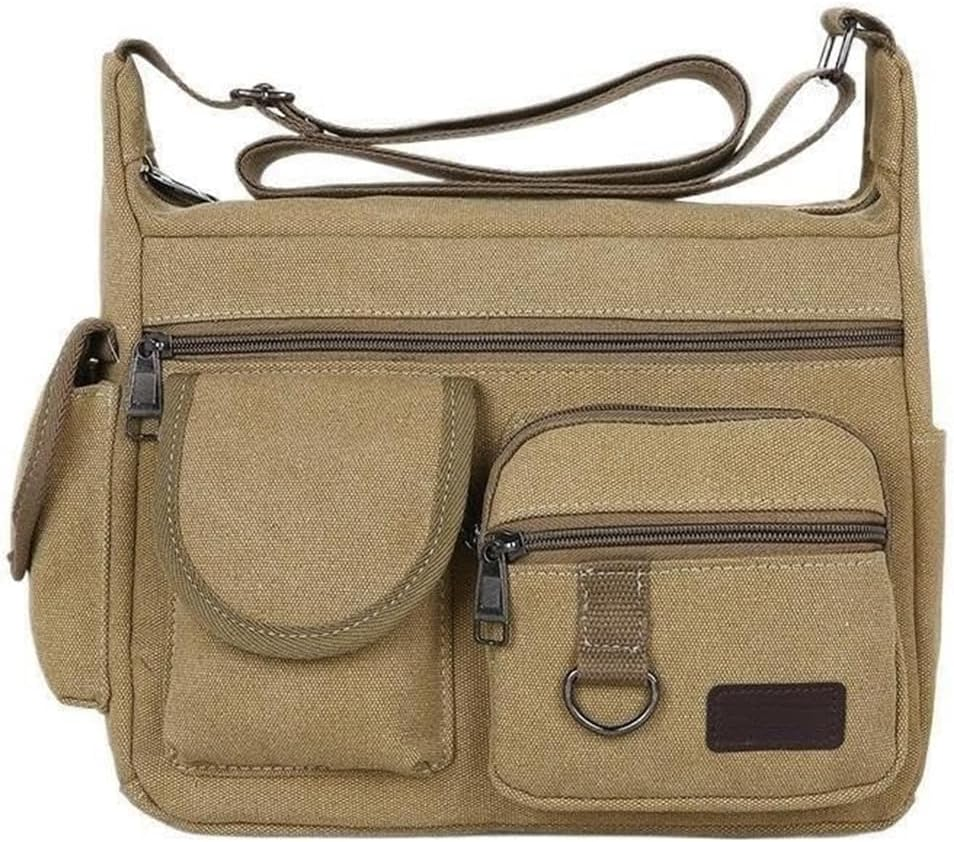 Canvas Crossbody Bag with Water Bottle Holders, Multi Pocket Messenger Bag, Vintage Laptop Bag, Briefcase for Men and Women Khaki (30 * 23 * 12 CM) image number 6