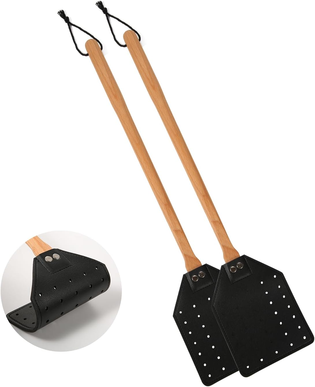 2Pcs Leather Fly Swatter, Manual Heavy Duty Fly Swatter with Long Wood Handle and Hanging Rope Durable Fly Swatter Catcher Wasp Swatter for Indoor Outdoor Home Fly